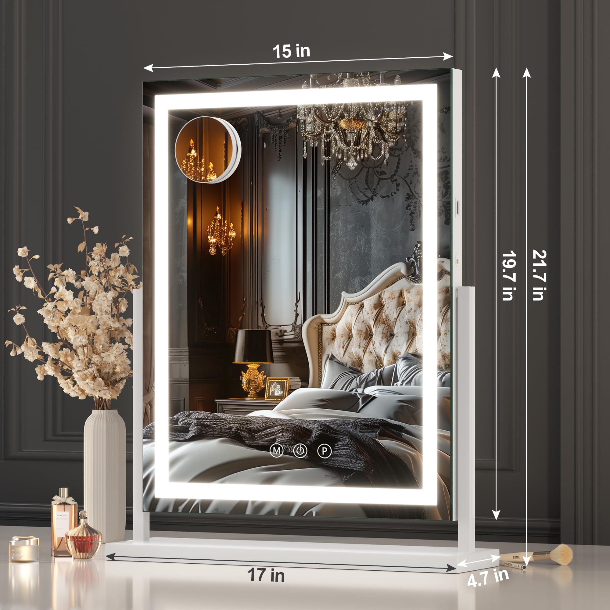Hasipu Vanity Mirror With Lights, Lighted Makeup Mirror With 10X Magnification, Dimmable 3 Modes, Touch Screen Control, Led Make