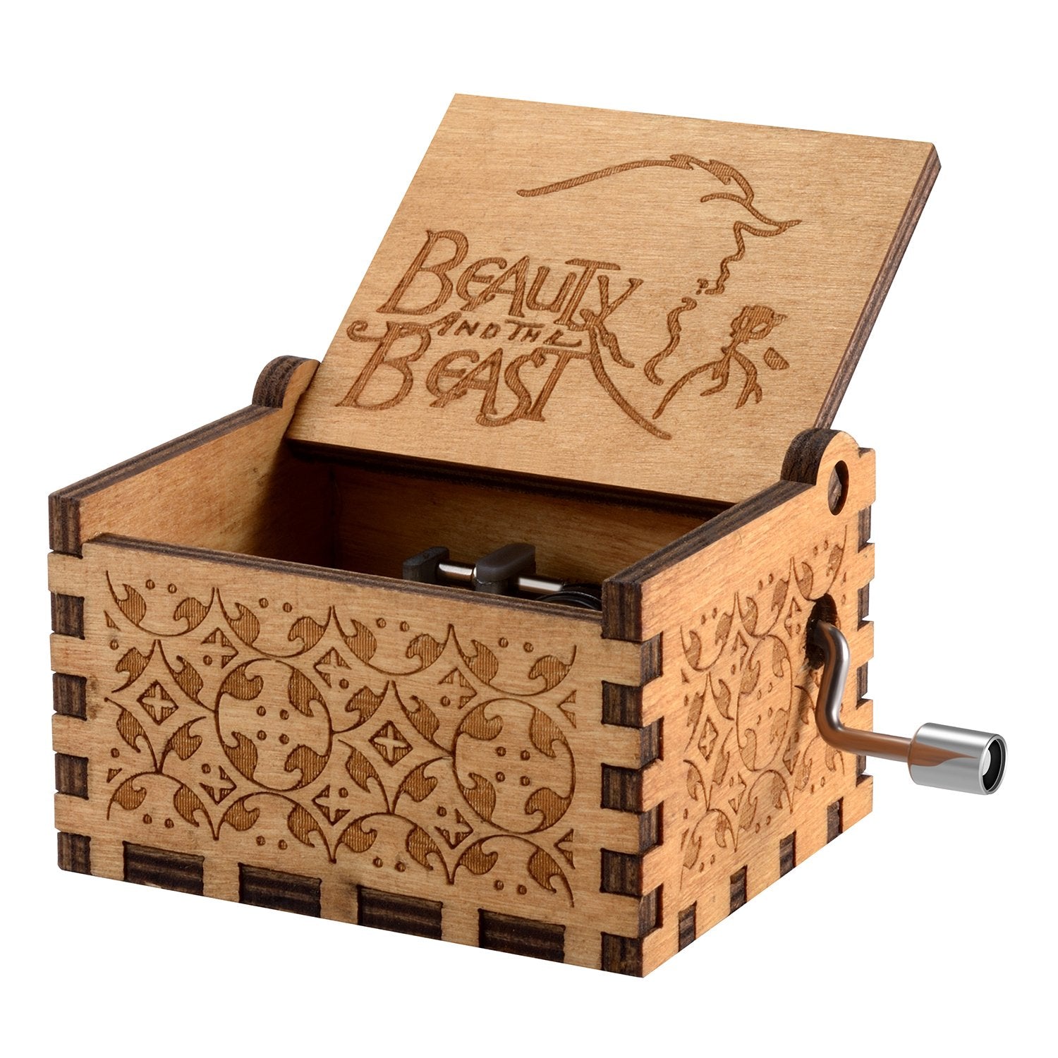 Huntmic Wooden Beauty and The Beast Music Box, Hand Crank Classic Antique Carved Wood Musical Boxes Birthday Gift for Kids Child