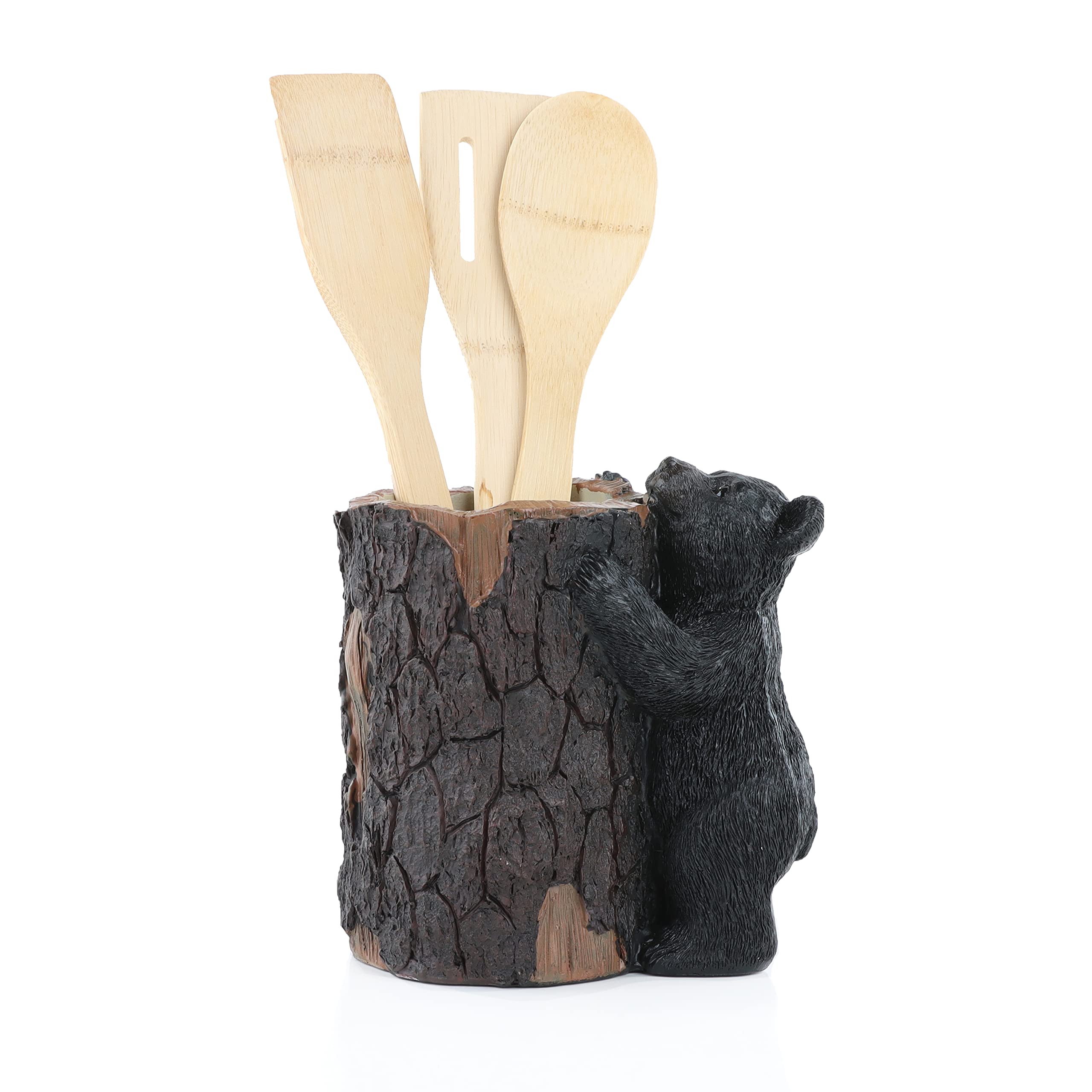 Servette Home Brown Bear Utensil Holder Caddy With 3 Wood Utensils