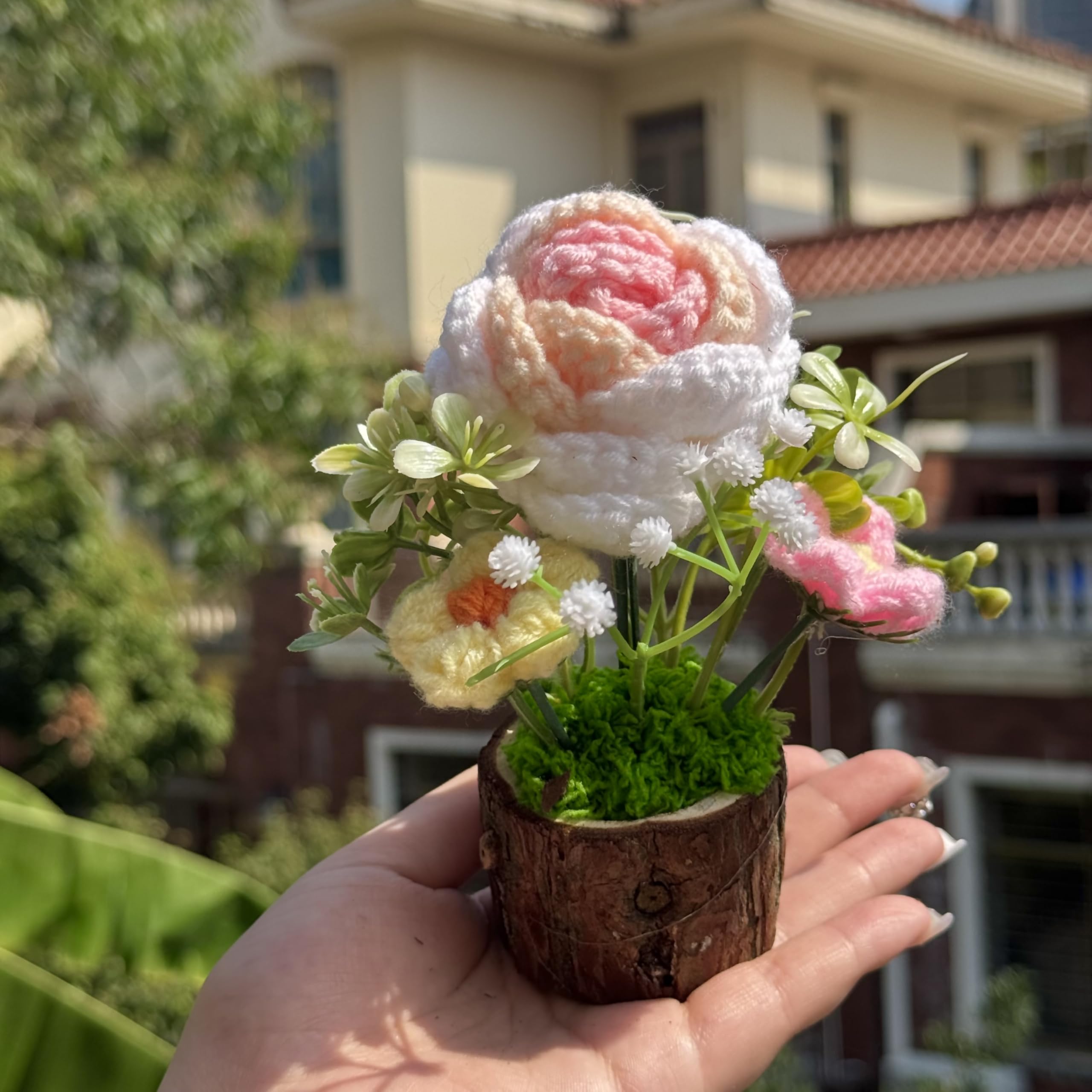 Tileafry Handmade Crochet Rose Bouquet Knitted Creative Potted Plant Cute Home Desktop Decorations and Gifts for Friends, Lovers
