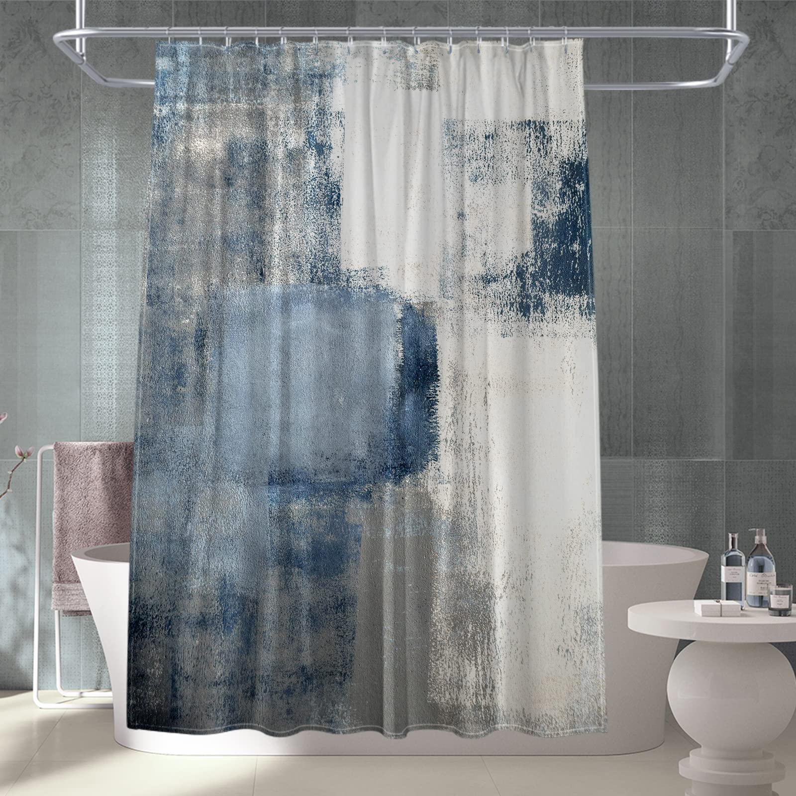 MitoVilla Navy Ombre Shower Curtain Set  Navy Blue Grey Shower Curtain  Abstract Rustic Fabric Shower Curtain for Bathroom Decor  Taupe Grunge Style Shower Curtain  Paint Brush Decor  72 x 72