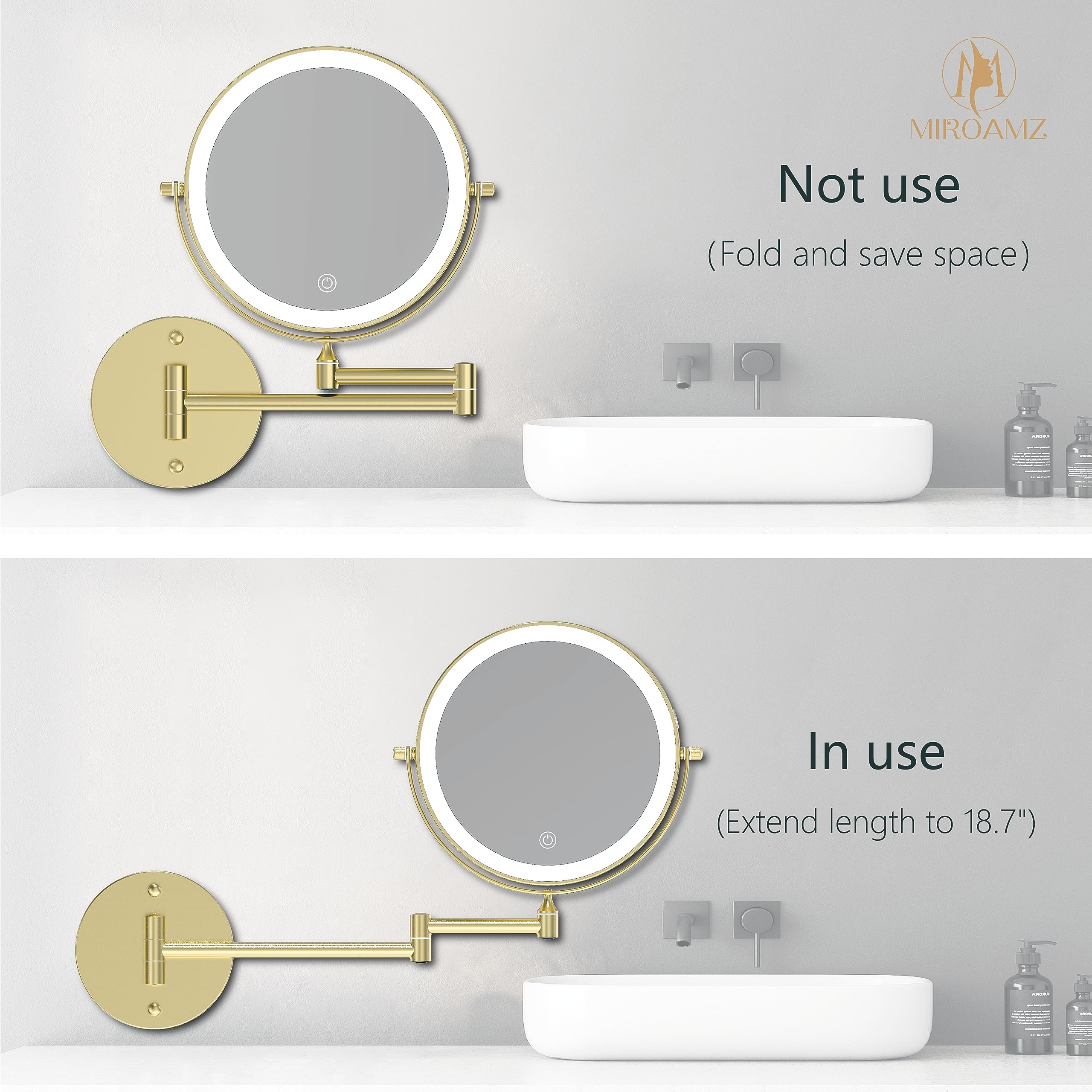 Miroamz Rechargeable Wall Mounted Lighted Makeup Vanity Mirror 9 Inch Double Sided 1X 10X Magnifying Bathroom Mirror, 3 Color Li
