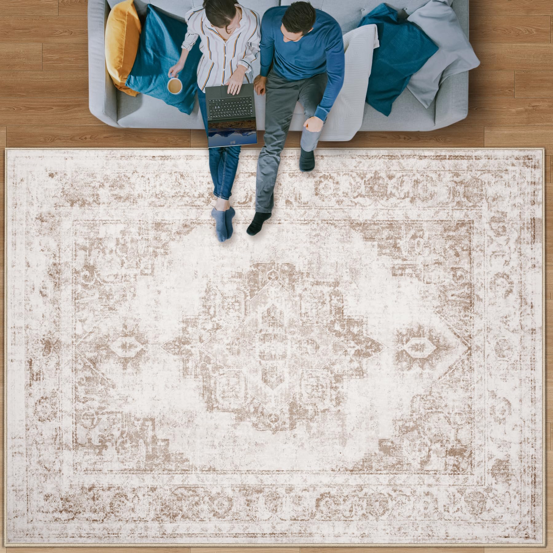 Area Rug 8x10 Vintage Rug: Large Washable Indoor Medallion Rug Low Pile Distressed Floor Carpet Retro Accent Rug for Living Room