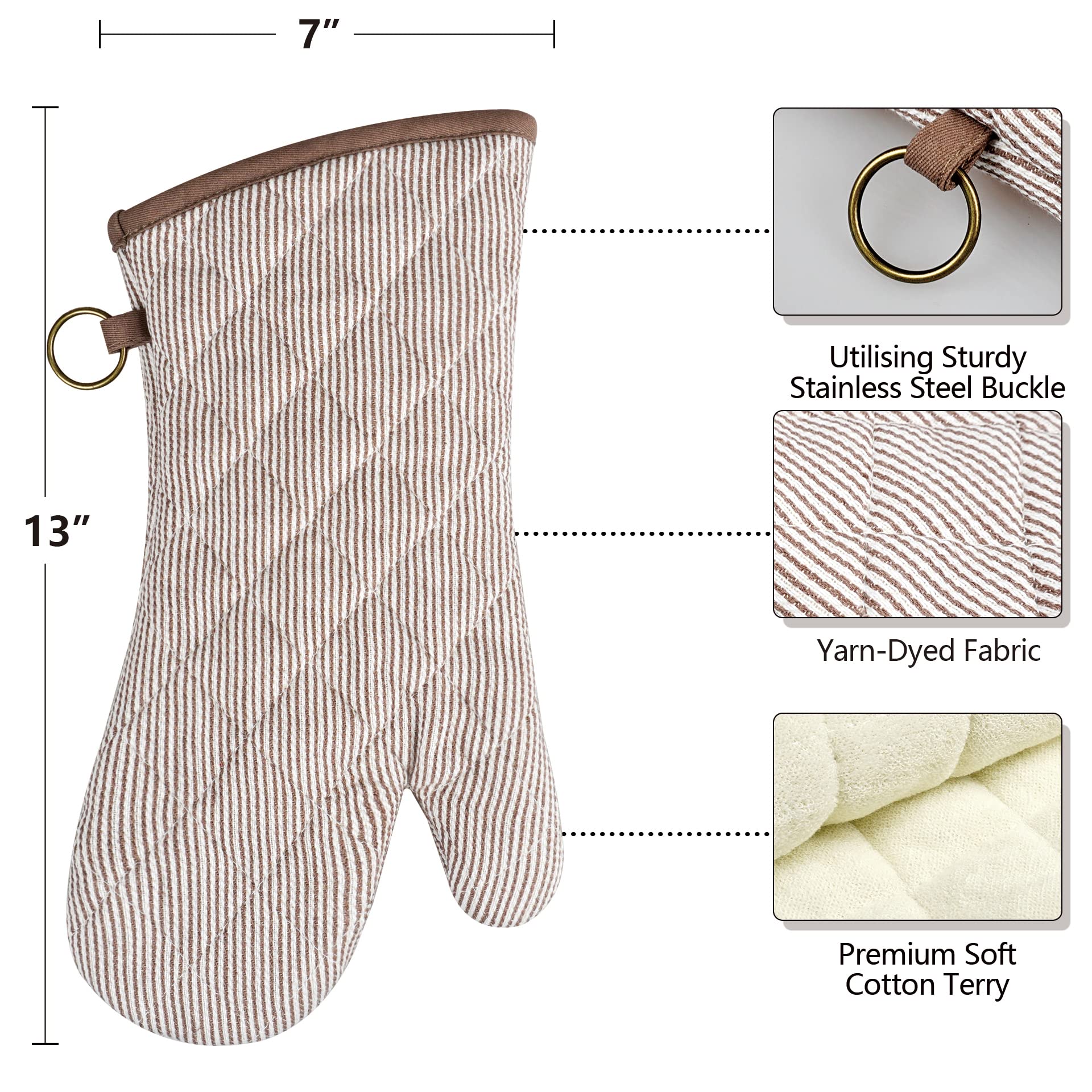 1 Pair Yarn Dyed Oven Mitts 100% Cotton Heat Resistant 470 Degree Gloves Men Women Cooking Baking Barbecue Bbq Microwave Craftin