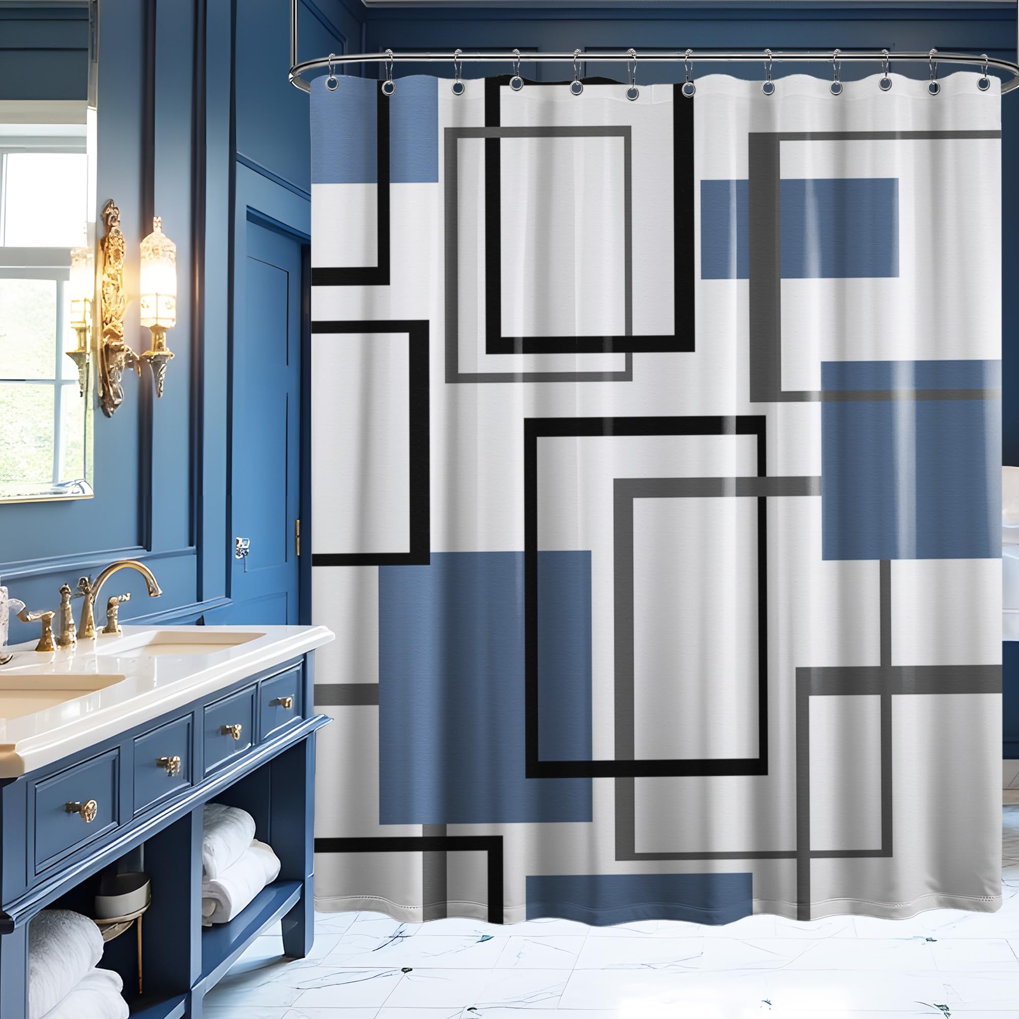 Yieldeer Blue And White Shower Curtain Geometric Black And Blue Shower Curtains For Mens Bathroom Decor Bath Curtain Set, Waterp