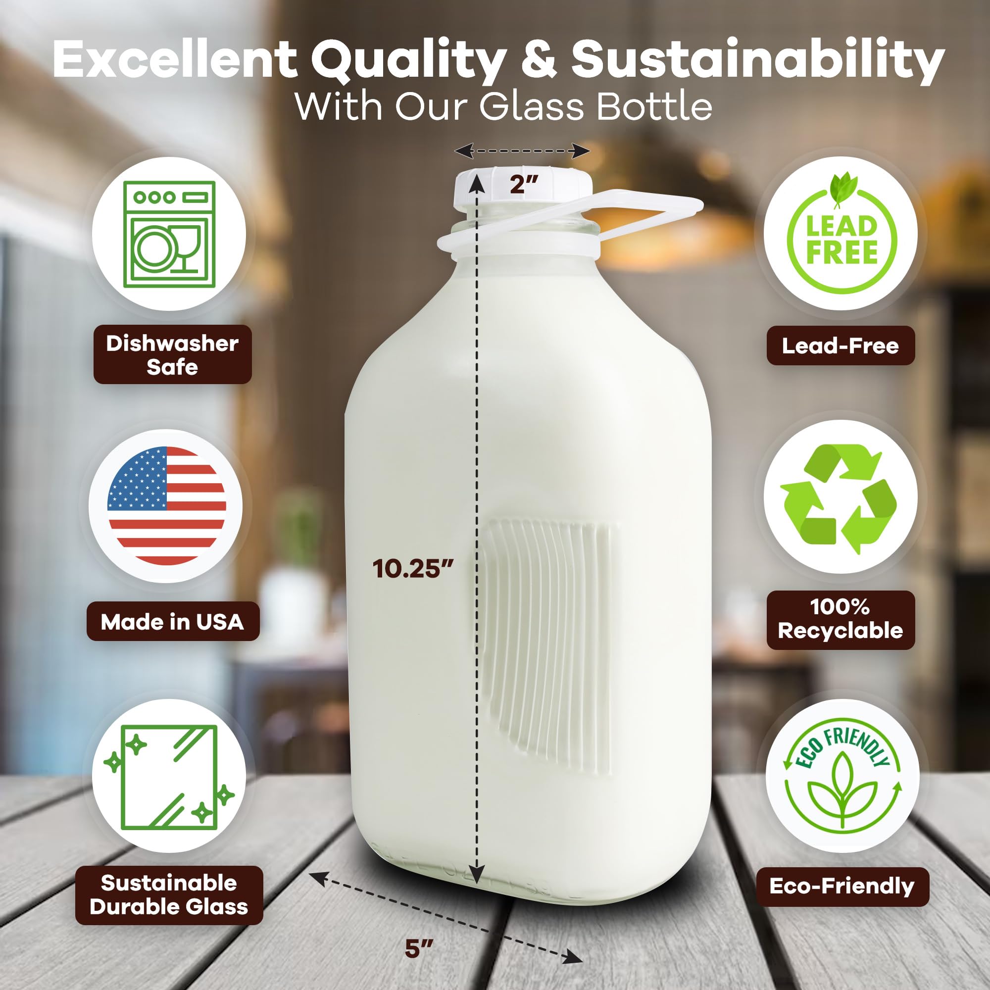 The Dairy Shoppe Heavy Glass Milk Bottles - Jugs With Lids, Silicone Pour Spouts - Clear Milk Containers For Fridge - Reusable G