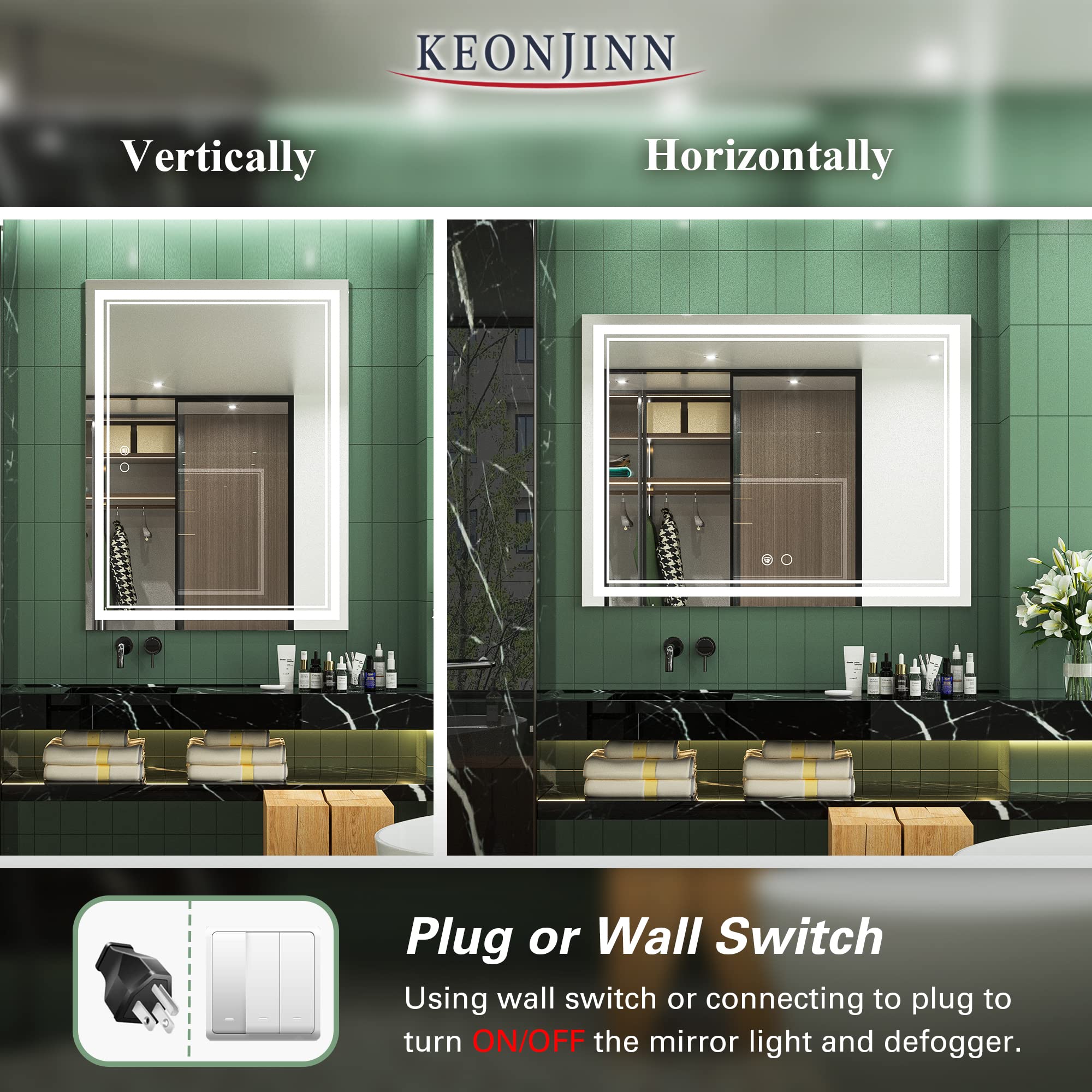 Keonjinn LED Bathroom Mirror with Lights  48 x 36 Inch LED Vanity Mirrors  Wall Mounted Anti-Fog Dimmable Front Lighted Makeup Mirror for Bedroom  CRI 90+  IP54 and Shatterproof (Horizontal/Vertical)