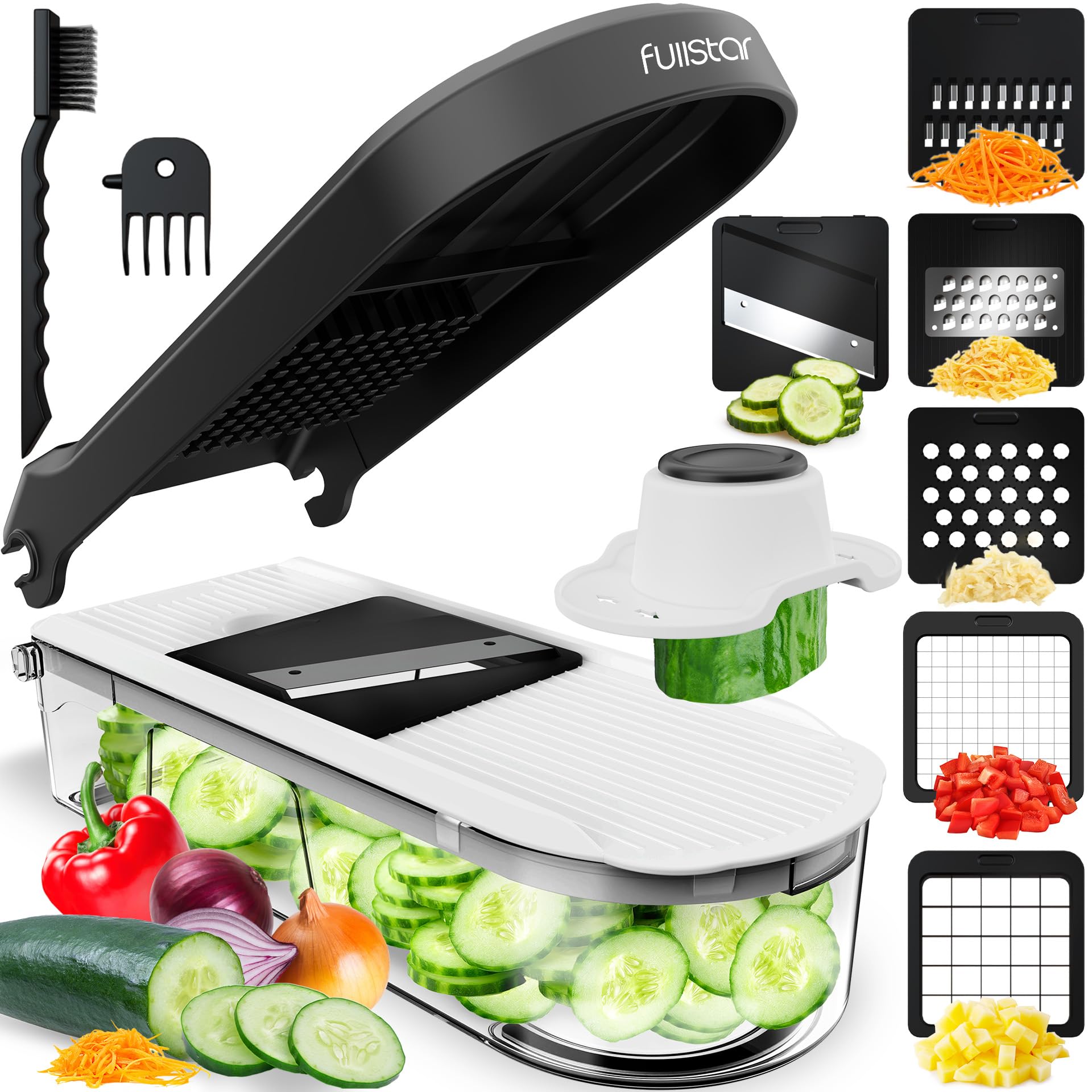 Fullstar Mandoline Slicer - 6-in-1 Vegetable Chopper, Stainless Steel, White/Black, Compact Model