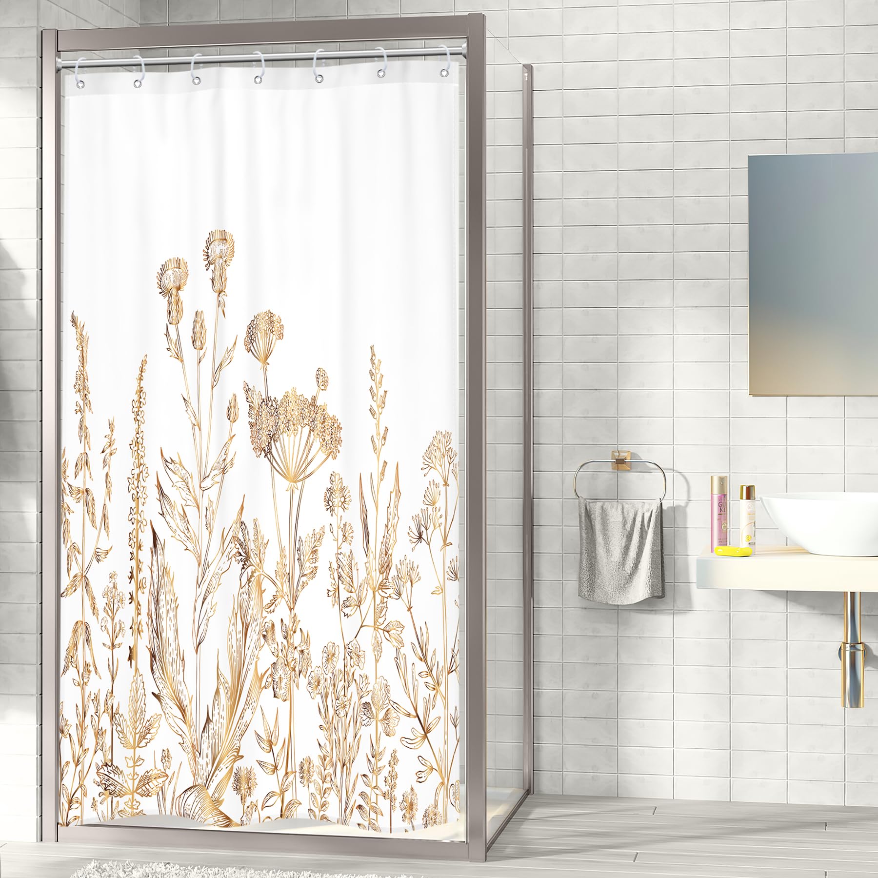 Riyidecor Small Stall Rv White Gold Floral Shower Curtain For Bathroom Decor 36Wx72H Wildflower Rustic Botanical Herbs Plant Lea