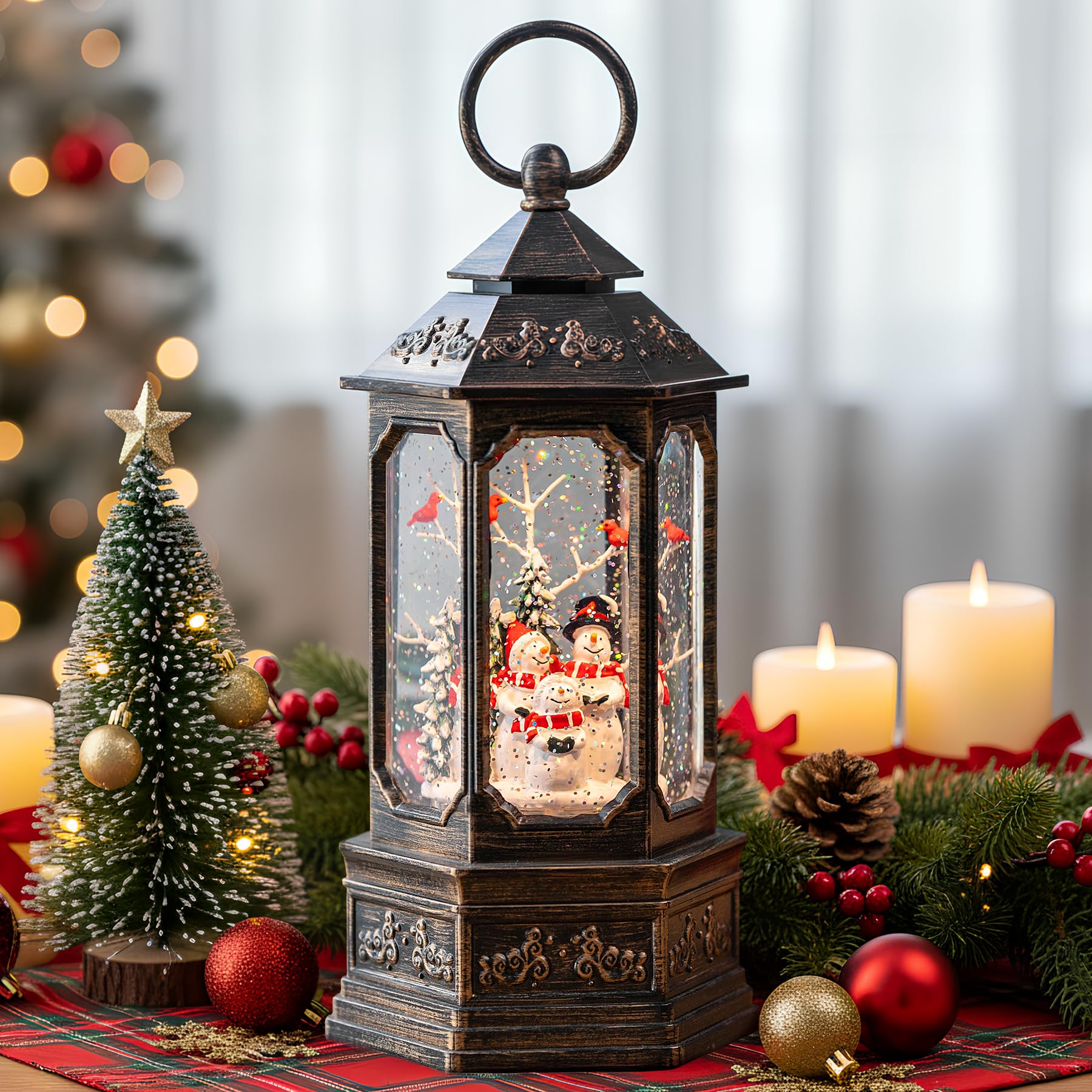 Christmas Snowman Choir Snow Globe Lantern with Swirling Glitter, USB Lined/Battery Operated Lighted Musical Snowman Carolers Wa