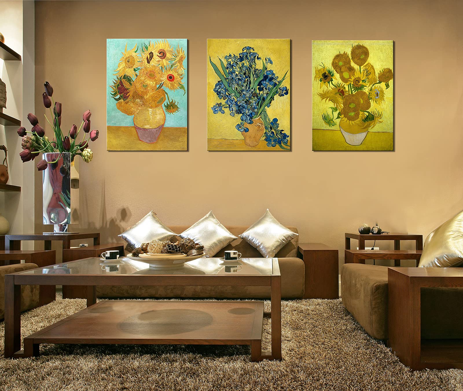 3 Panel Sunflower And Irises By Vincent Van Gogh Oil Paintings Reproduction Modern Floral Giclee Canvas Prints Artwork Flowers P