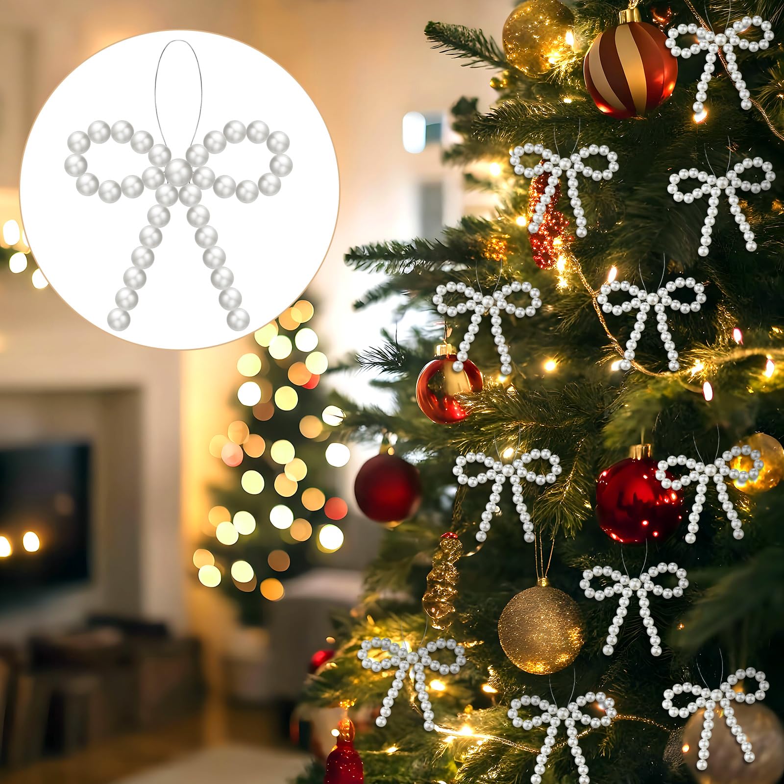 VioraWhite 12 Pcs Pearl Bow Christmas Tree Ornaments - Christmas Tree Bead Bow Hanging Ornaments for Xmas Party Crafts, Wreaths,