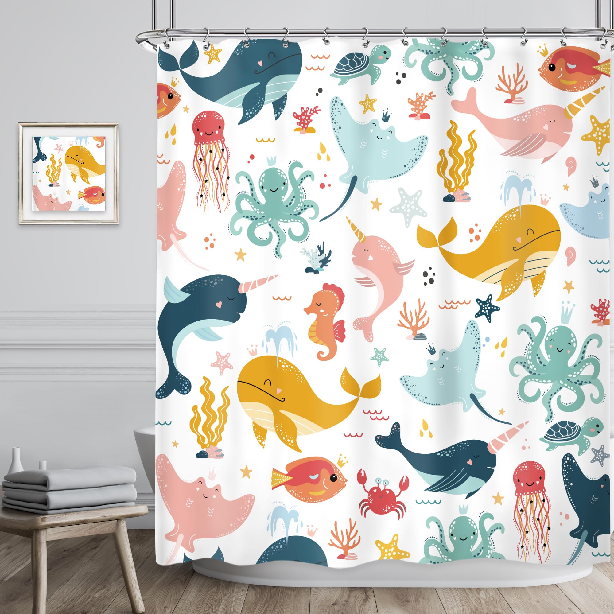 Riyidecor Funny Whale Kids Shower Curtain 60Wx72H Inch Cartoon Dolphin Curtains Cute Sea Marine Animal Ocean Fish Undersea Seali