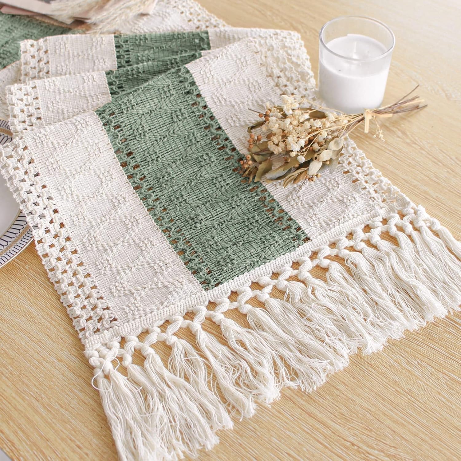 FEXIA Boho Table Runner for Home Decor with Tassels 60 Inches Long,Sage Green Farmhouse Rustic Table Runner Macrame Burlap Table
