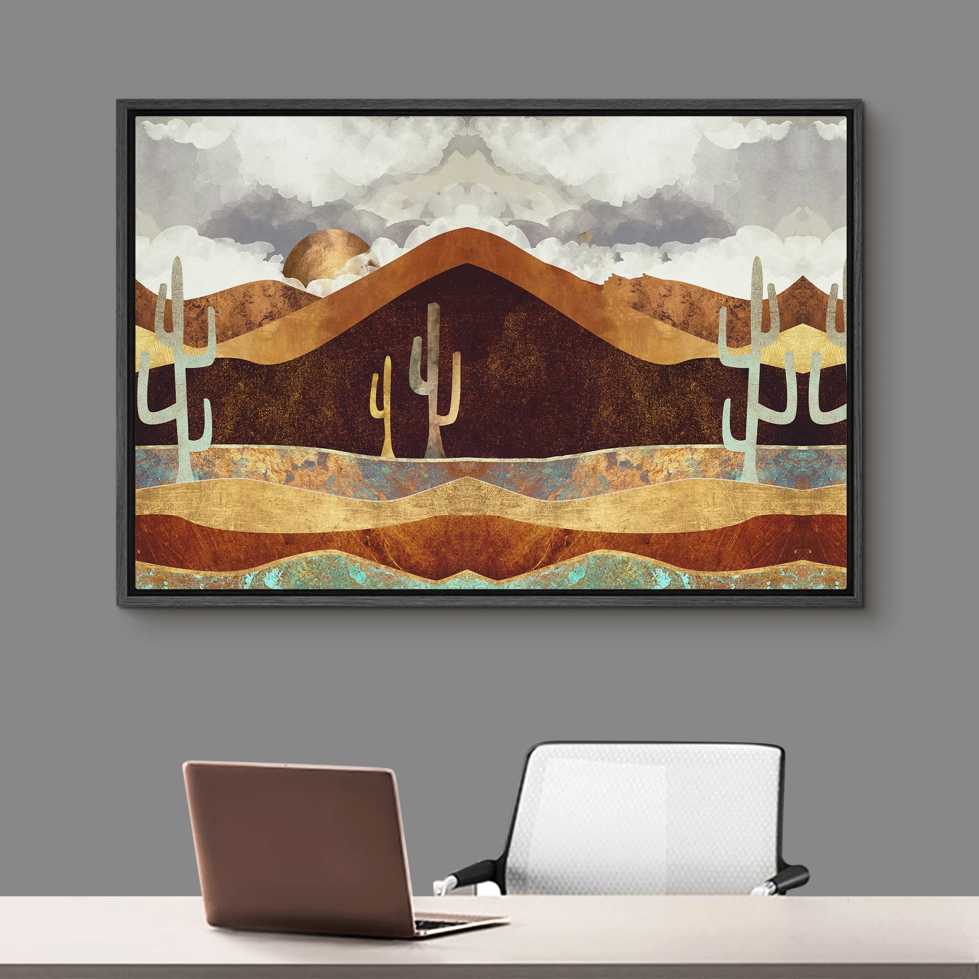 Signford Framed Canvas Print Wall Art Brown Desert Canyon With Cacti Abstract Wilderness Illustrations Modern Art Rustic Scenic
