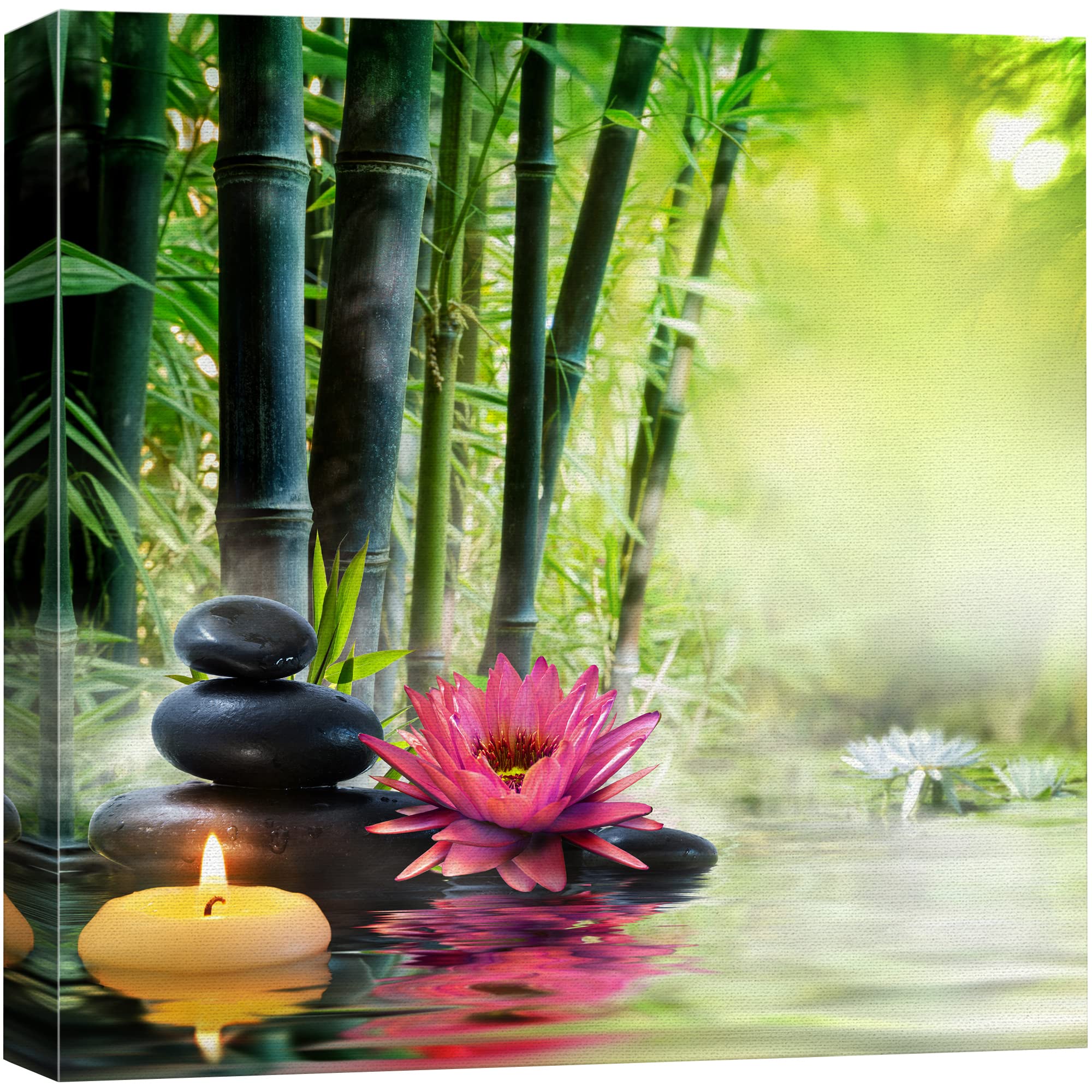 Wall26 Canvas Print Wall Art Water Lily, Zen Stones, Candle & Bamboo Forest Floral Nature Digital Art Modern Art Rustic Scenic R