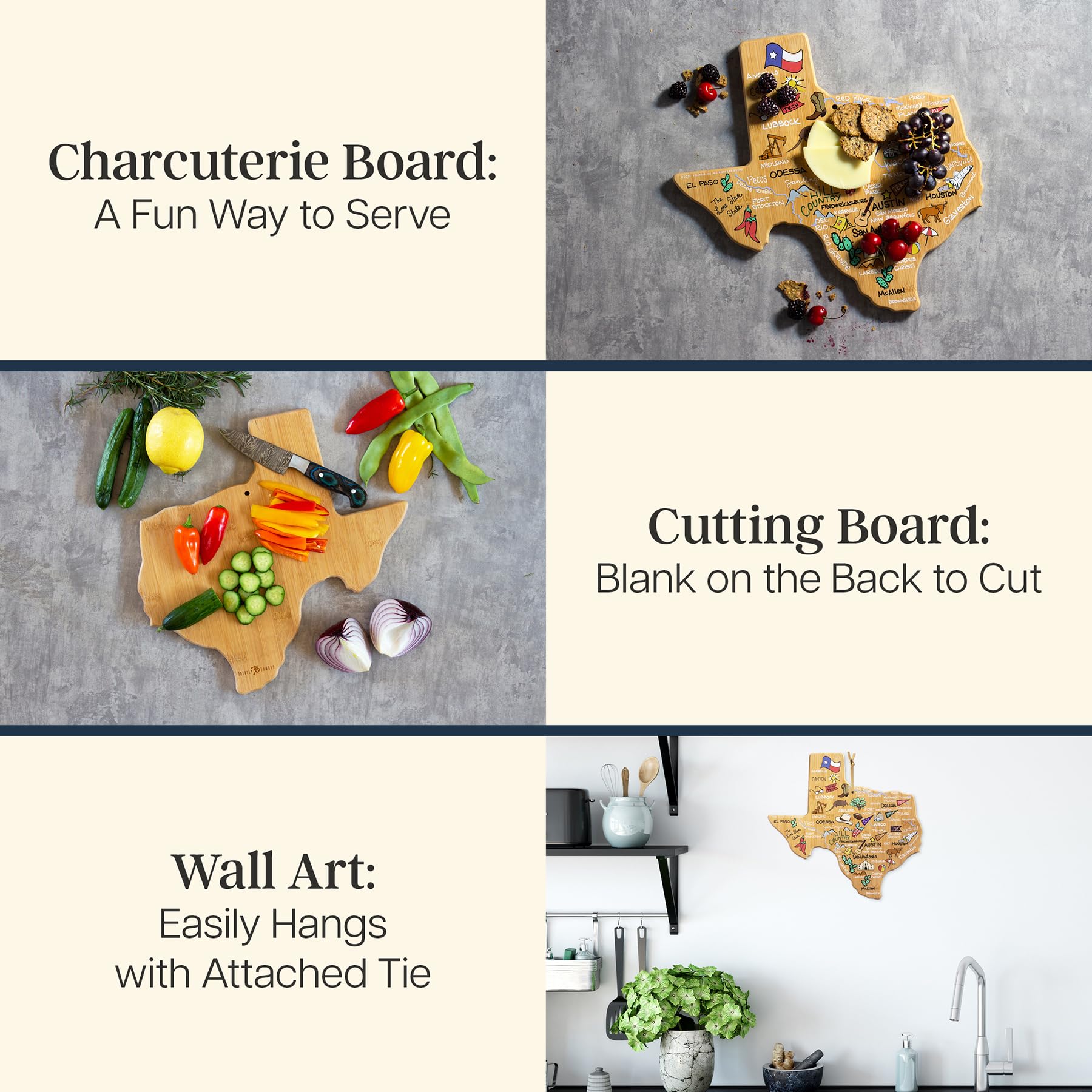 Totally Bamboo Texas State Shaped Cutting Board with Artwork by Fish Kiss - Colorful Map Artwork for Serving, Display or Kitchen