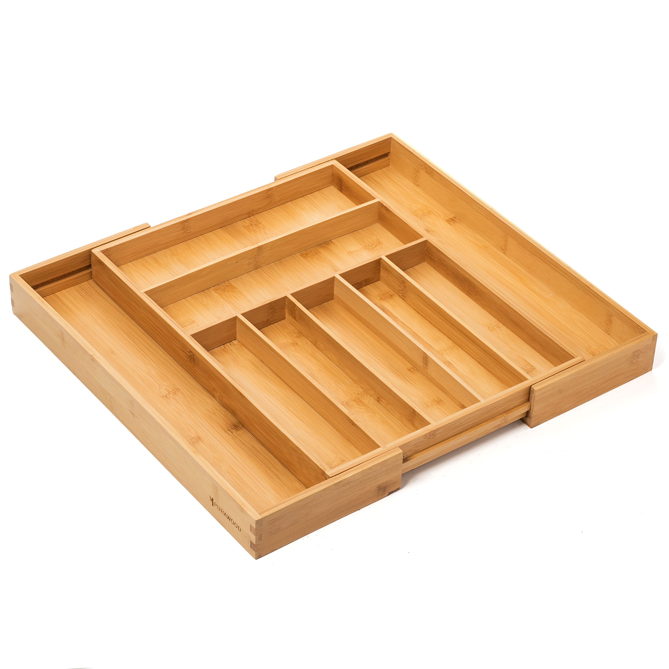 Purawood Bamboo Silverware Organizer - Expandable Cutlery Tray, 2 Pack, Natural, Model PW792