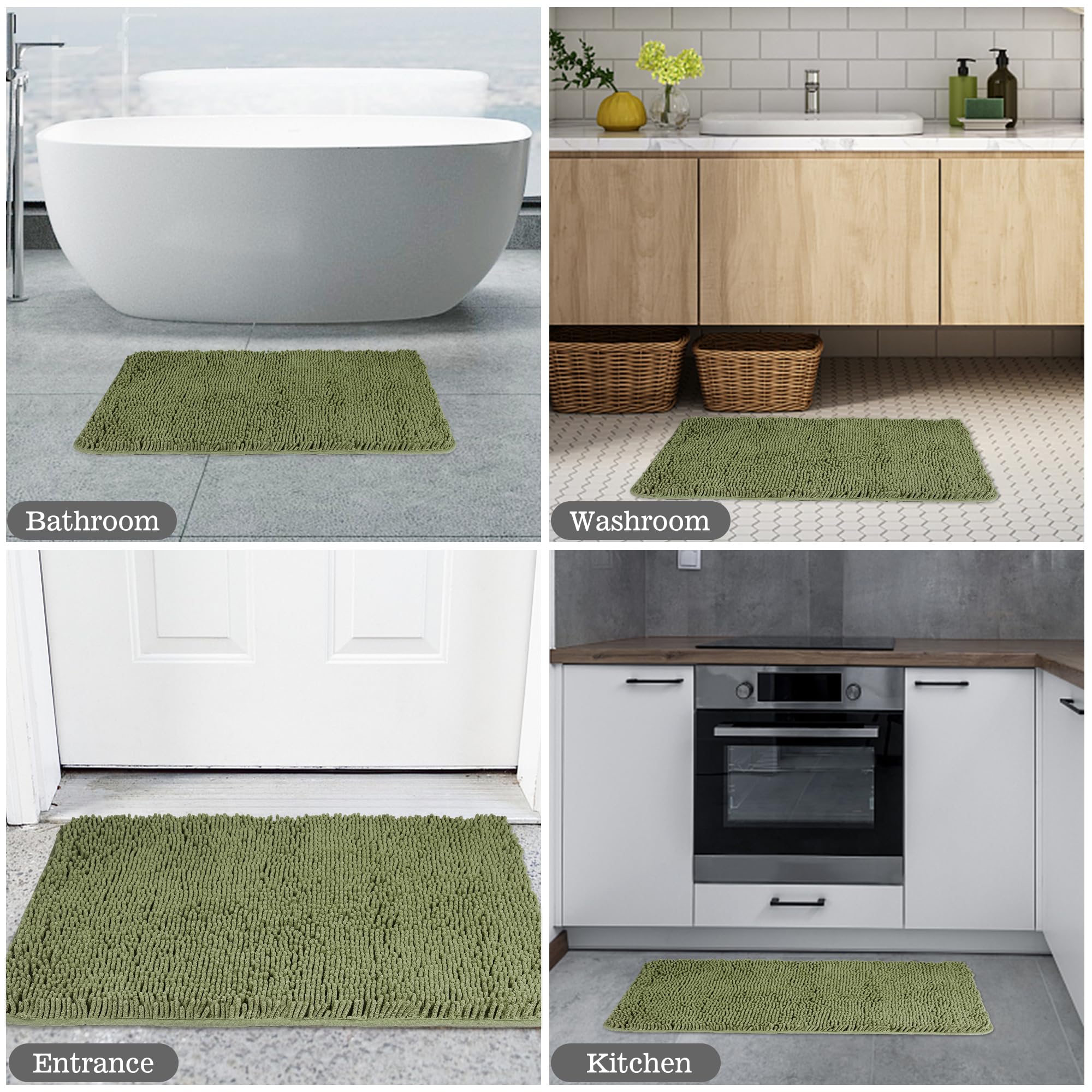 Yeaban Sage Bathroom Rugs - Thick Chenille Bath Mats | Absorbent And Washable Bath Rug Non-Slip, Plush Rugs For Bathroom Floor,