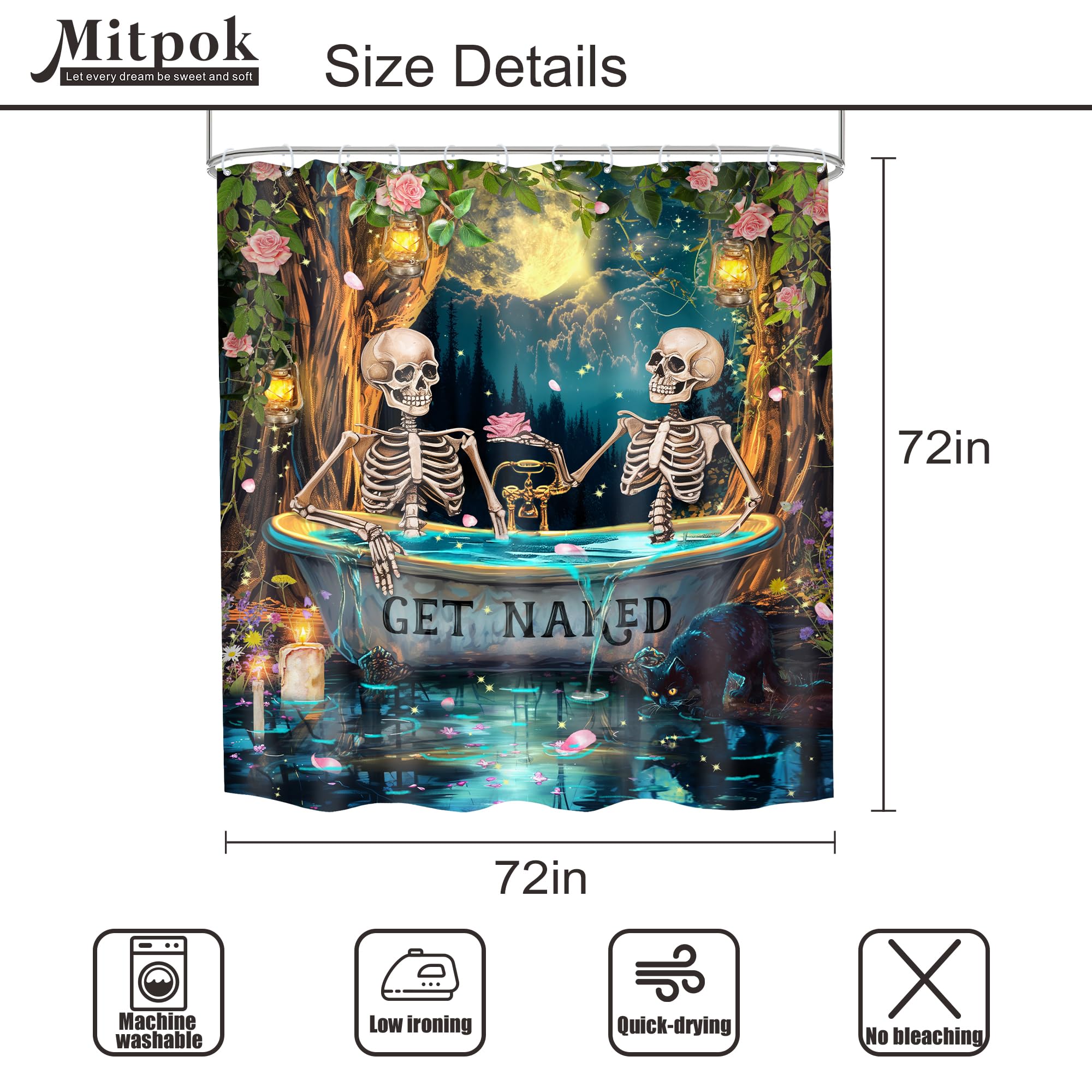 Mitpok Gothic Skull Skeleton Shower Curtain 72Wx72H Funny Spooky Witchy Halloween Moon Night Retro Floral Tree Bathroom Decor My