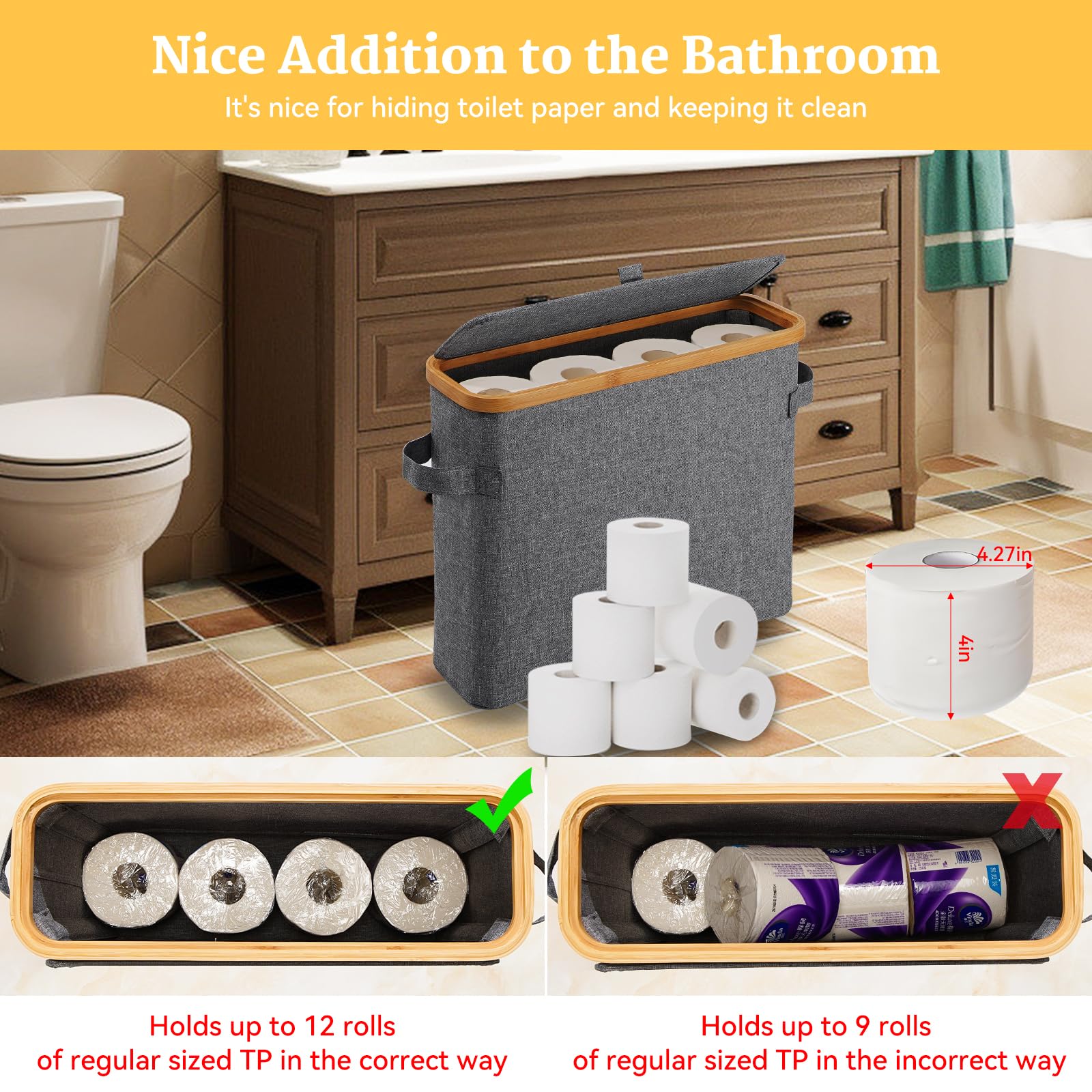 Toilet Paper Storage Basket With Lid, Bamboo Toilet Paper Storage Holder Stand Organizer For Bathroom, Toilet Paper Storage Box