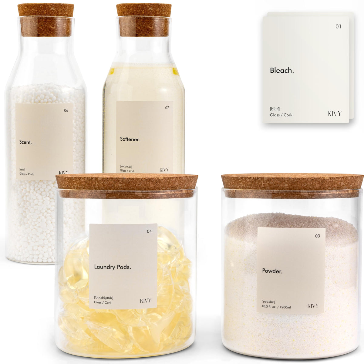 Kivy Glass Detergent Dispenser Container Set Of 4 With Labels - Large Glass Jars For Laundry Room Organization Decor - Laundry S