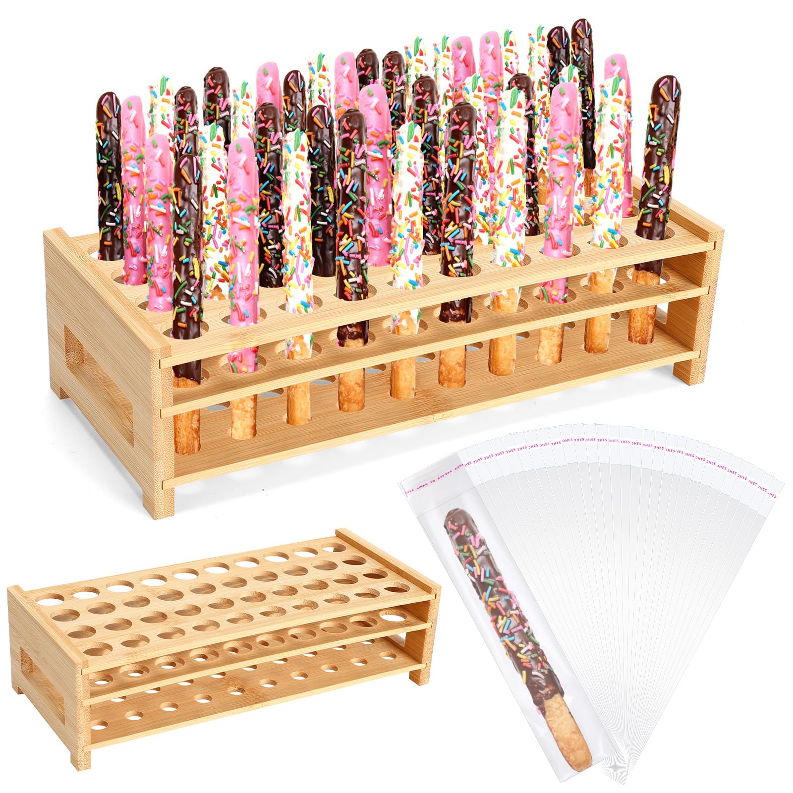 Funnymoom Pretzel Rod Holder and 100 Pcs Bags Plastic Clear Pretzel Sticks Stand up to 40 Rods for Wedding Birthday Treat Partie