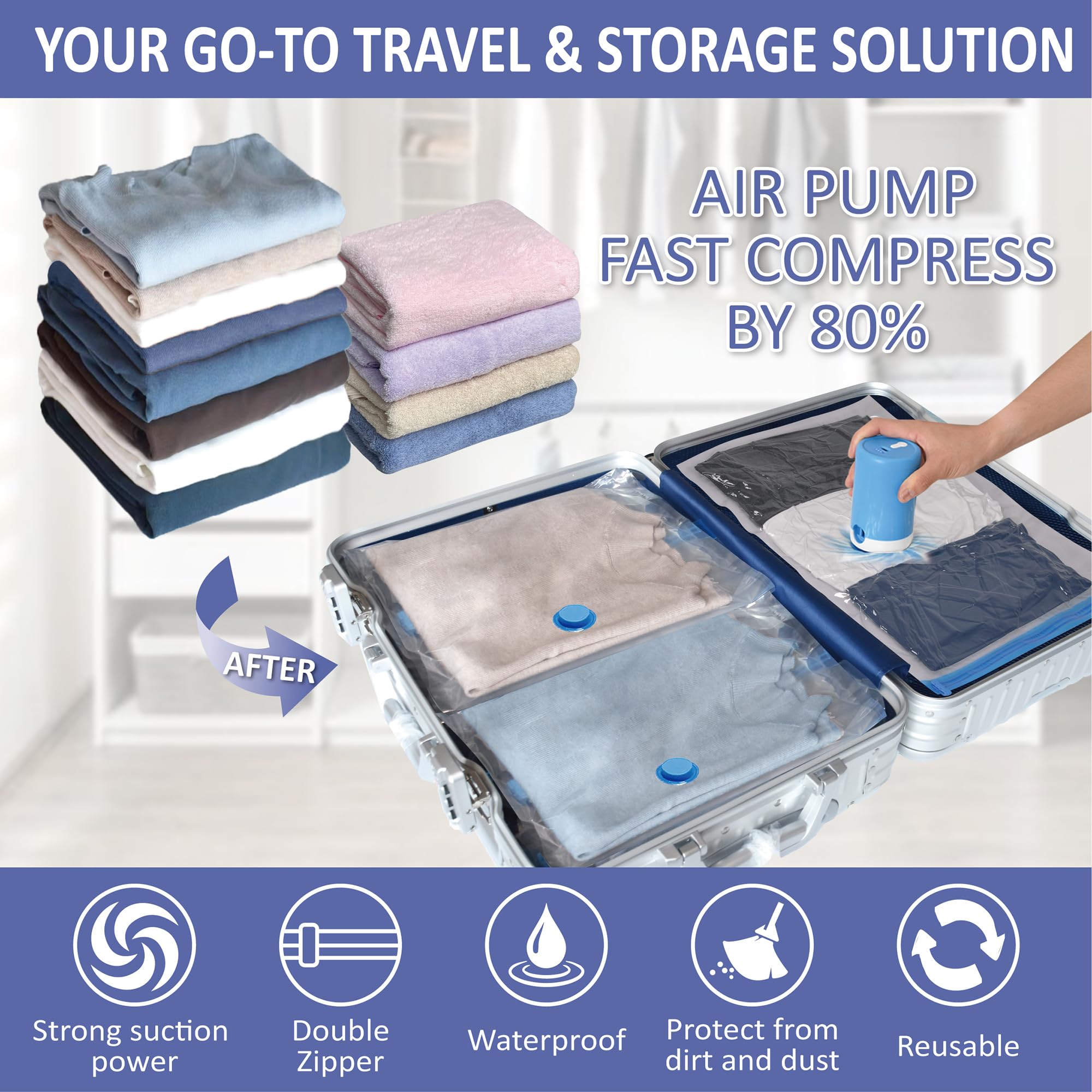 Cozy Essential 15 Pack Travel Vacuum Storage Bags with Portable Electric Pump, Suitase Vacuum Seal Space Saver Bags for Clothing