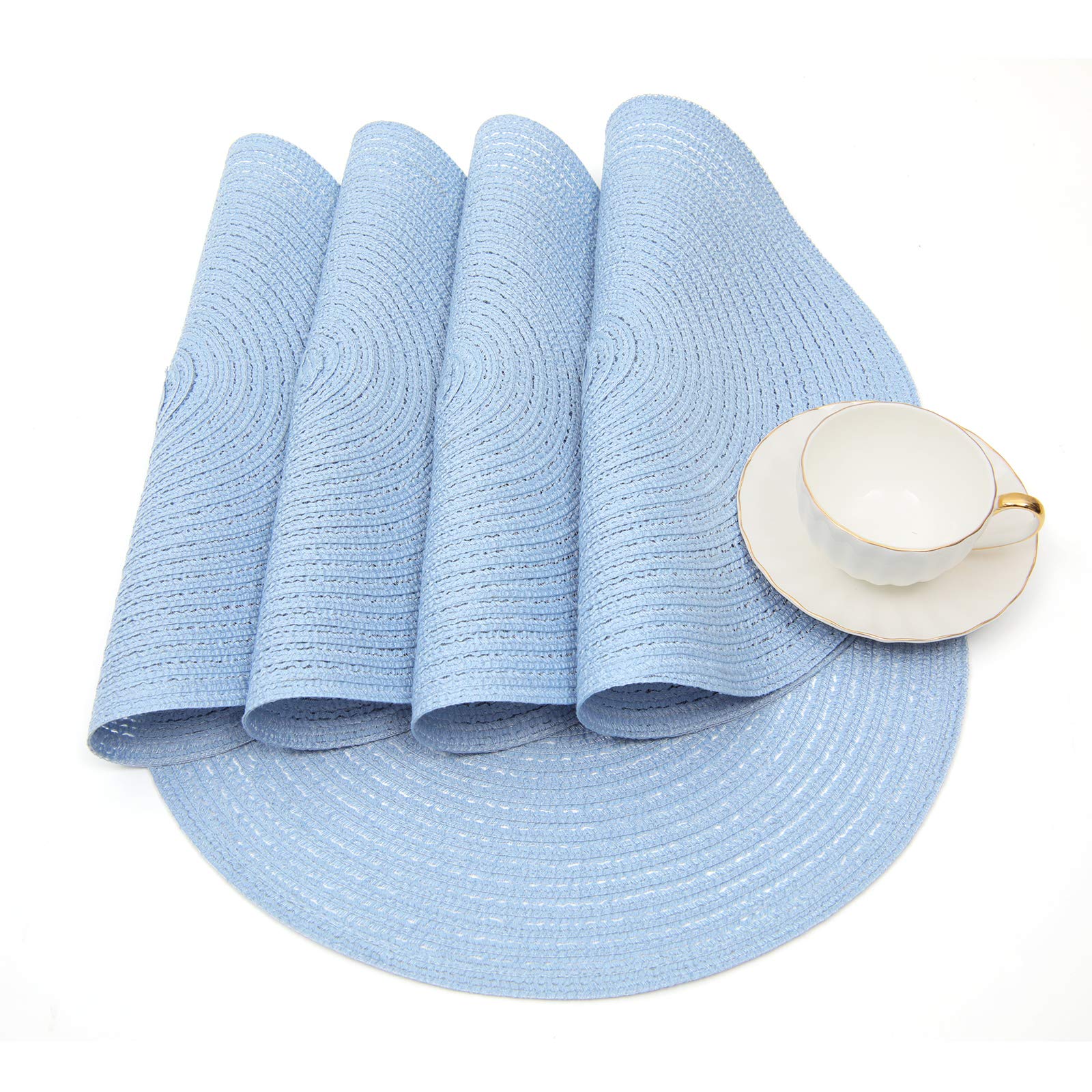 SHACOS Round Braided Placemats Set of 6 Round Table Mats for Dining Tables 15 inch (Light Blue, 6)