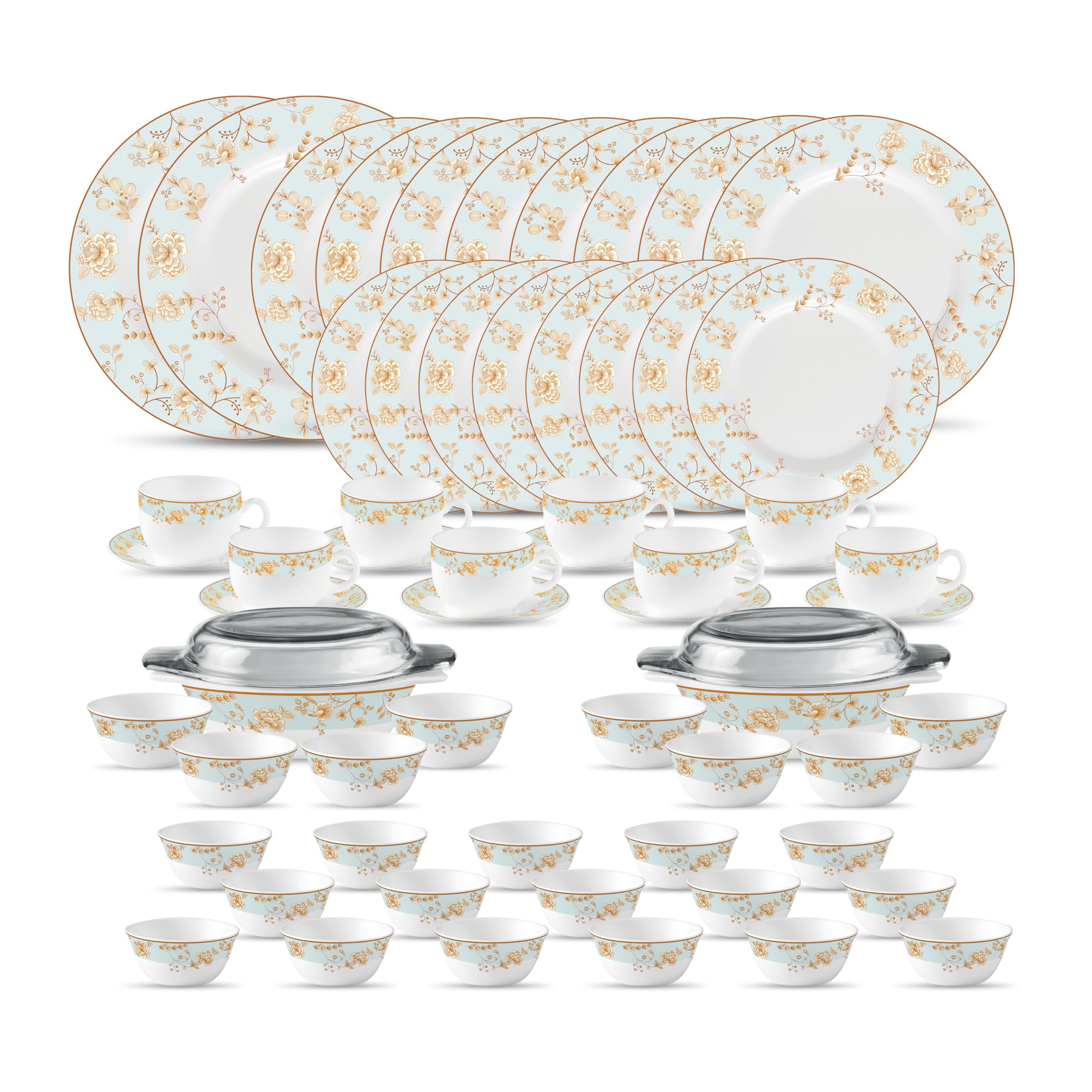 La Opala Diva Sovrana Collection Opal Glass Crockery | For Family Of 8 | Dinner Set 62 Pcs Medusa Gold | Plates & Bowls For Dini