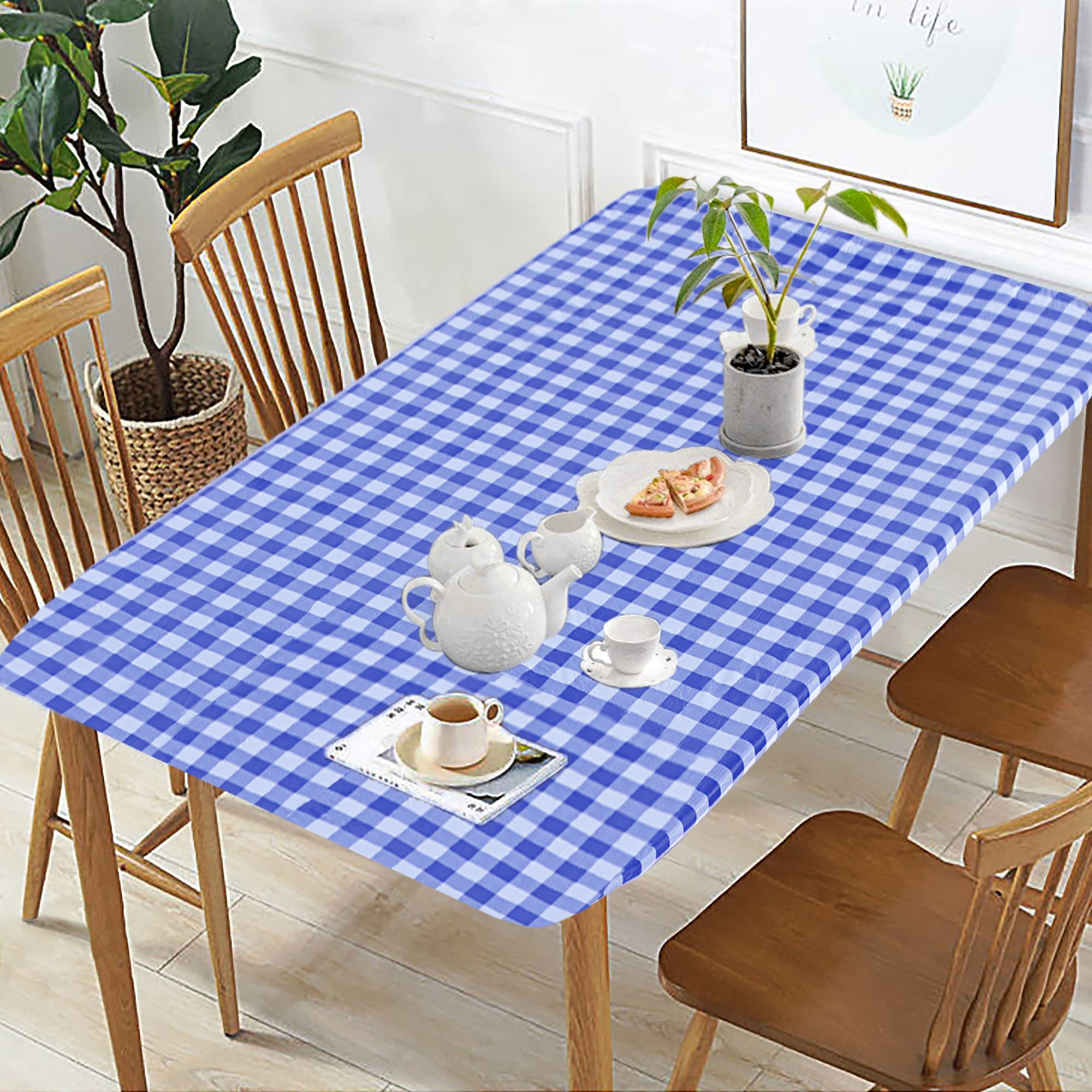 Fitable Blue Checkered Picnic Table Cover Waterproof Vinyl Fitted Table Cover Flannel Backing Outdoor Indoor Tablecloth 30 ''X96