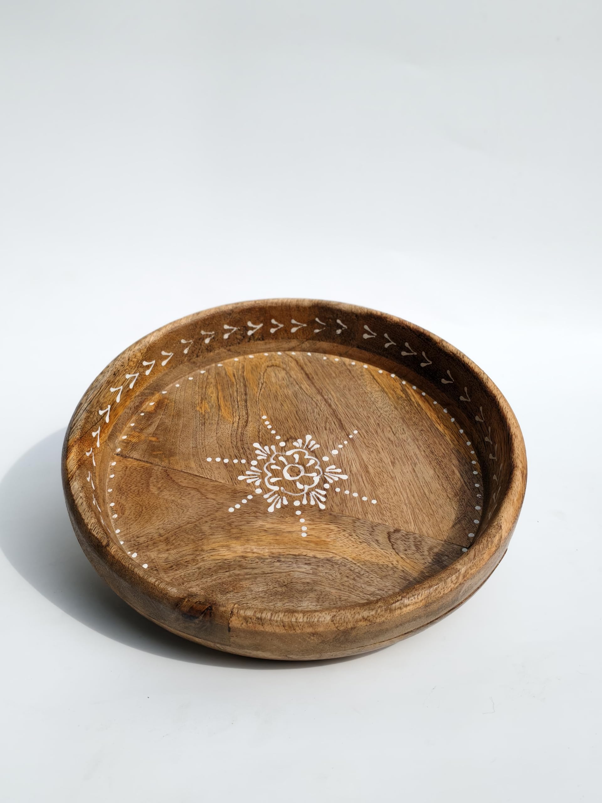 Claire Martin Studios Handcrafted Mandala Wooden Tray  10Inch Round Rustic Decorative Platter, Solid Wood Serving Tray With Ha