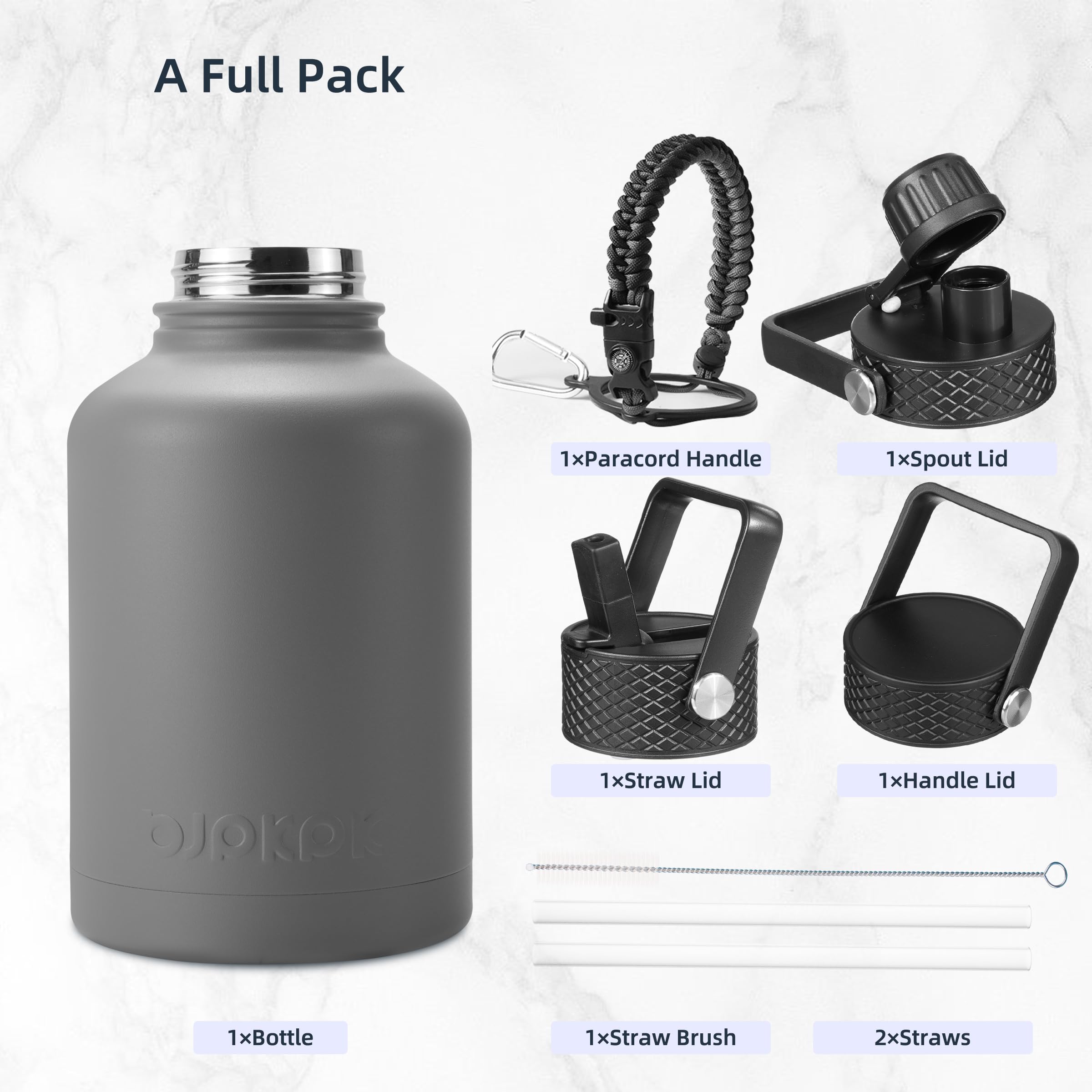 Bjpkpk 50Oz Stainless Steel Insulated Water Bottle, Vacuum Water Bottle With Straw, Leak Proof, Hot & Cold Insulation, 3 Lids &