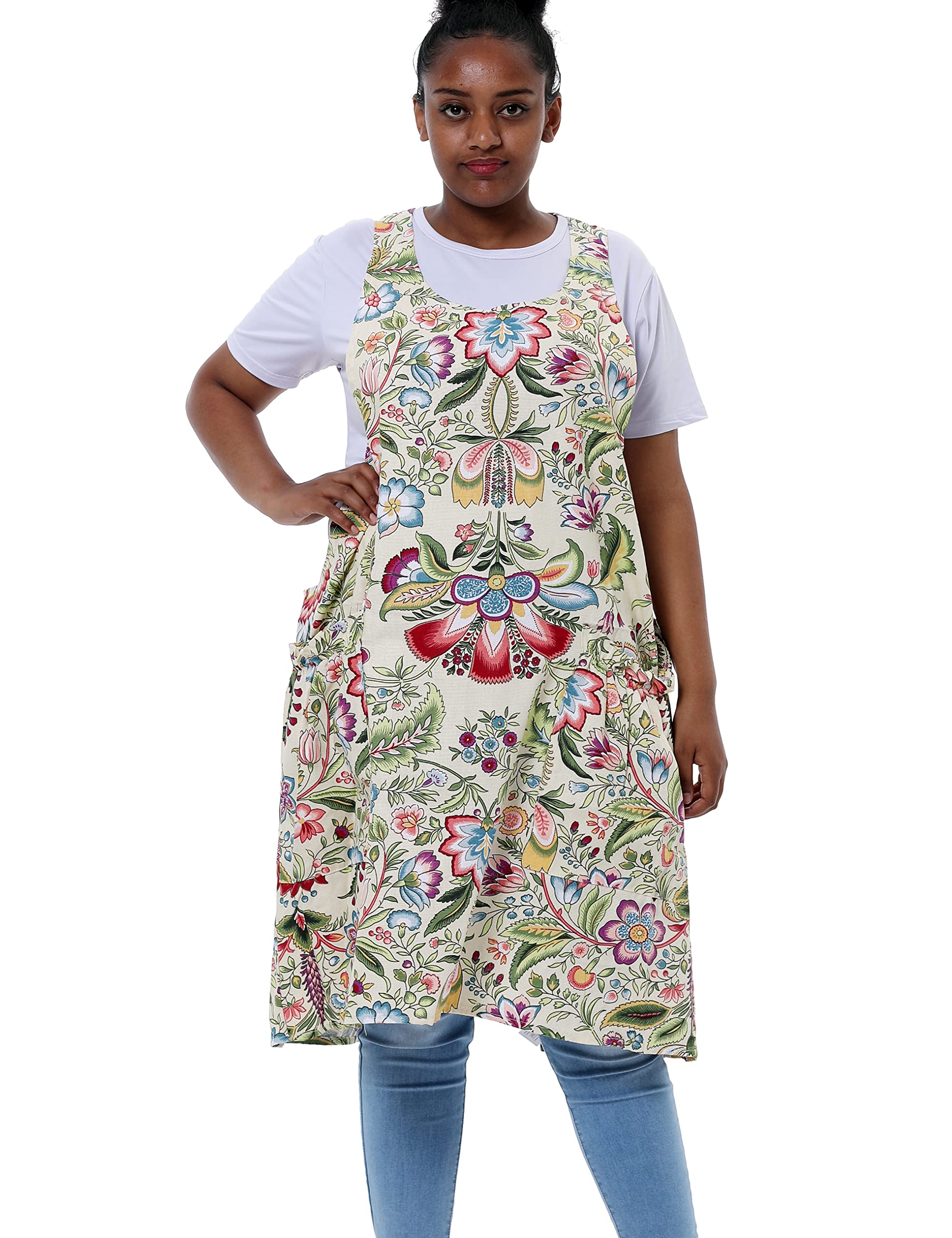 Apronner Big Plus Size Aprons For Women With Pockets Cotton Linen Baking Kitchen Cooking Yellow Flowers