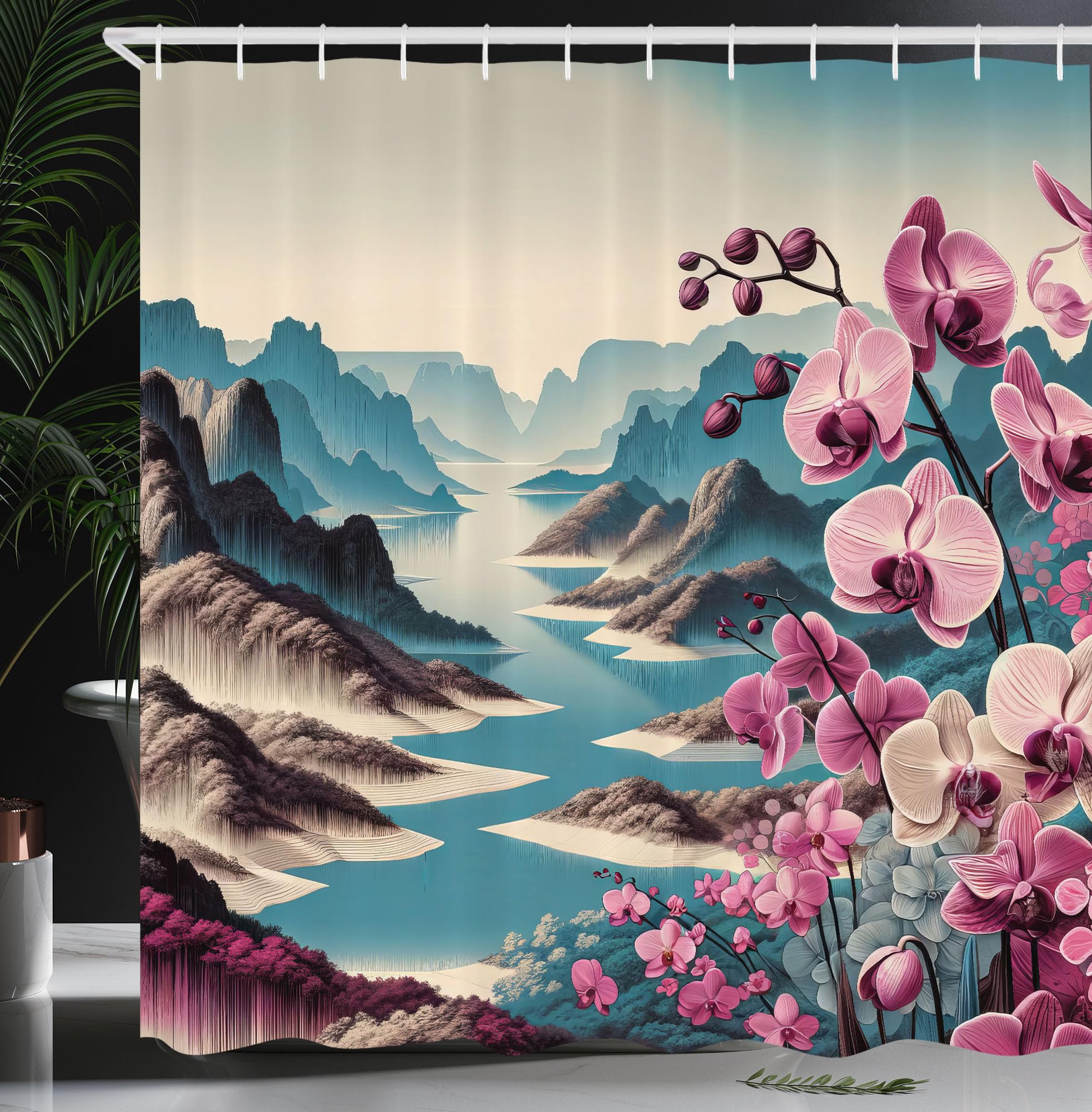 Ambesonne Lake Shower Curtain, Panoramic Spring Landscape Earthy Cliffs And Mountains With Orchids, Cloth Fabric Bathroom Decor
