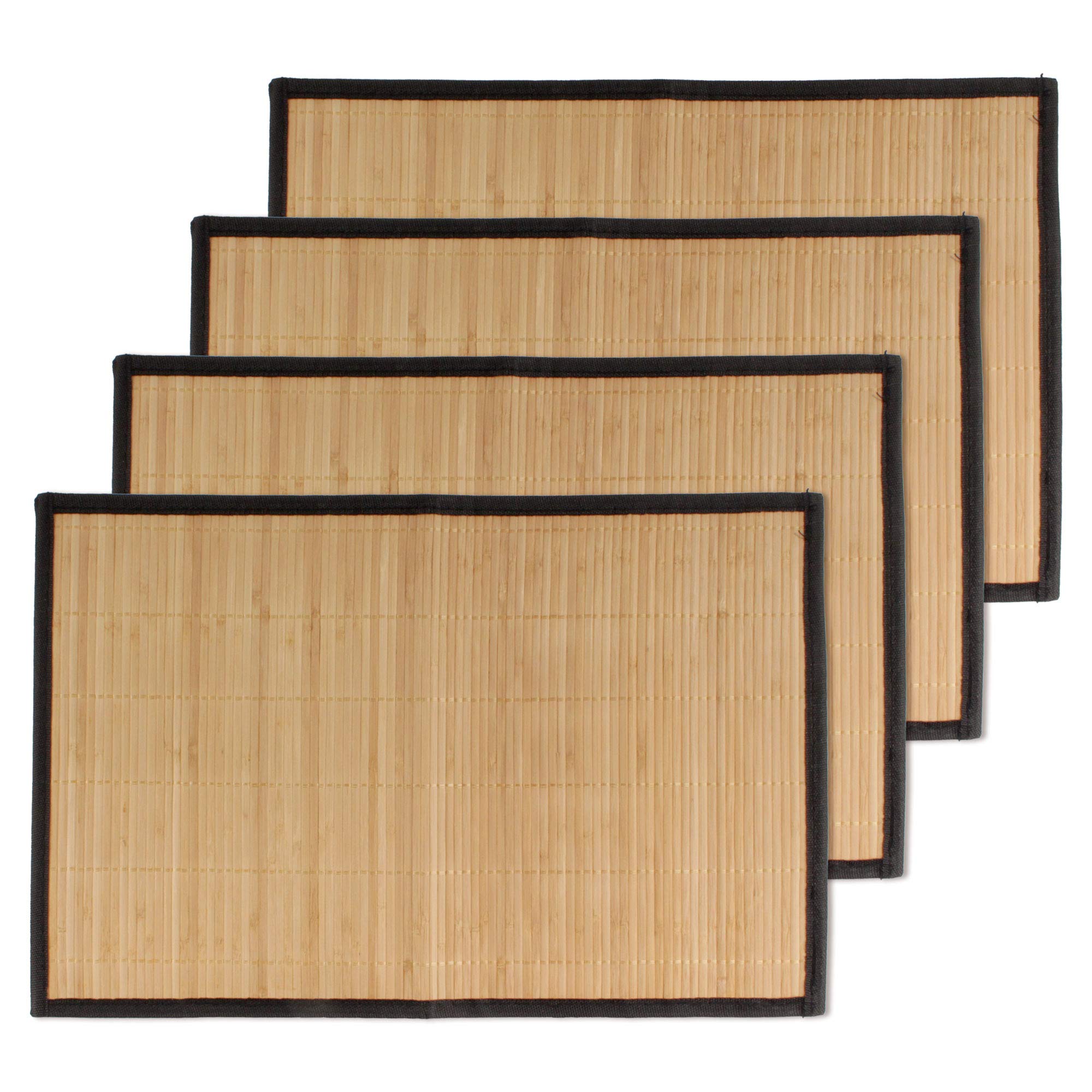 Bamboomn Bamboo Slats Placemat With Fabric Border - Solid Color Print - 17.5'' X 12'' - Brown With Black Border, 4 Pcs