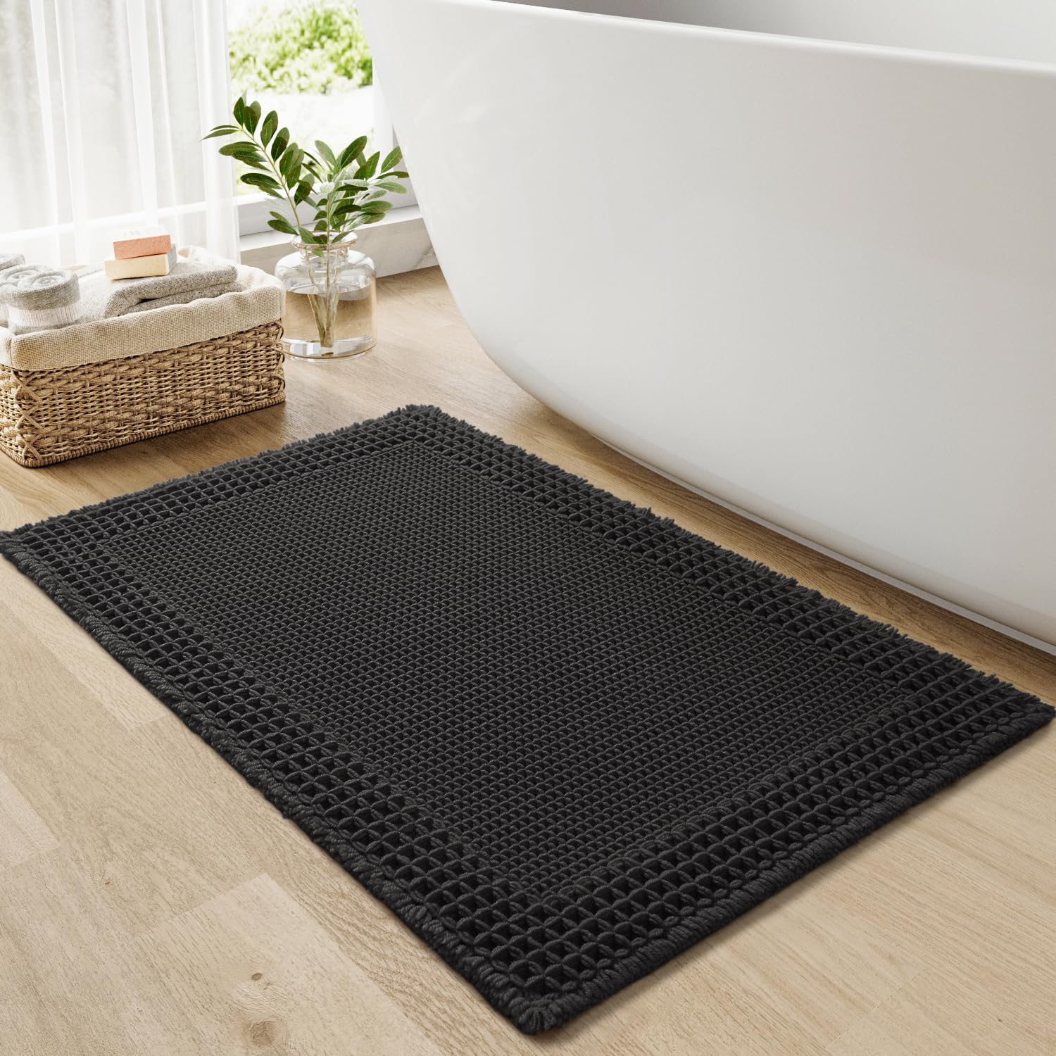 RESARE Waffle Bath Mat for Bathroom, Super Absorbent Bathroom Rugs Non Slip Machine Washable, Ultra Soft Quick Dry Boho Bath Rug