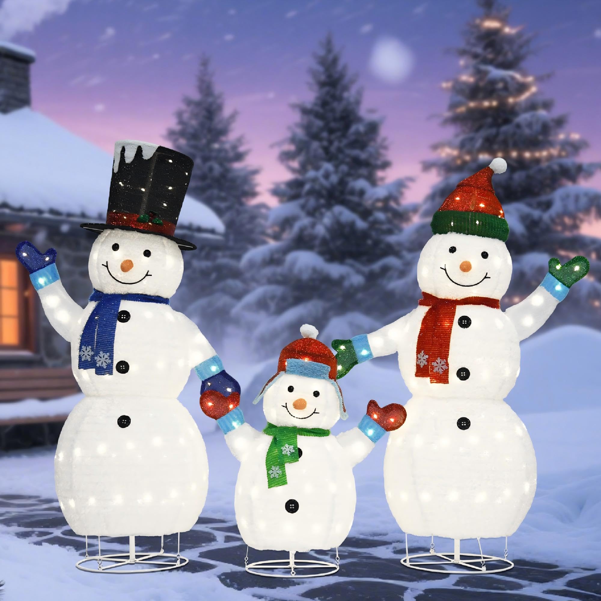 VELTENOVAIRE 62/60/35 Large 3D Pop-Up Snowman Set, Lighted Snowman Family Outdoor Christmas Decor with 250 Warm White LEDs, Grou
