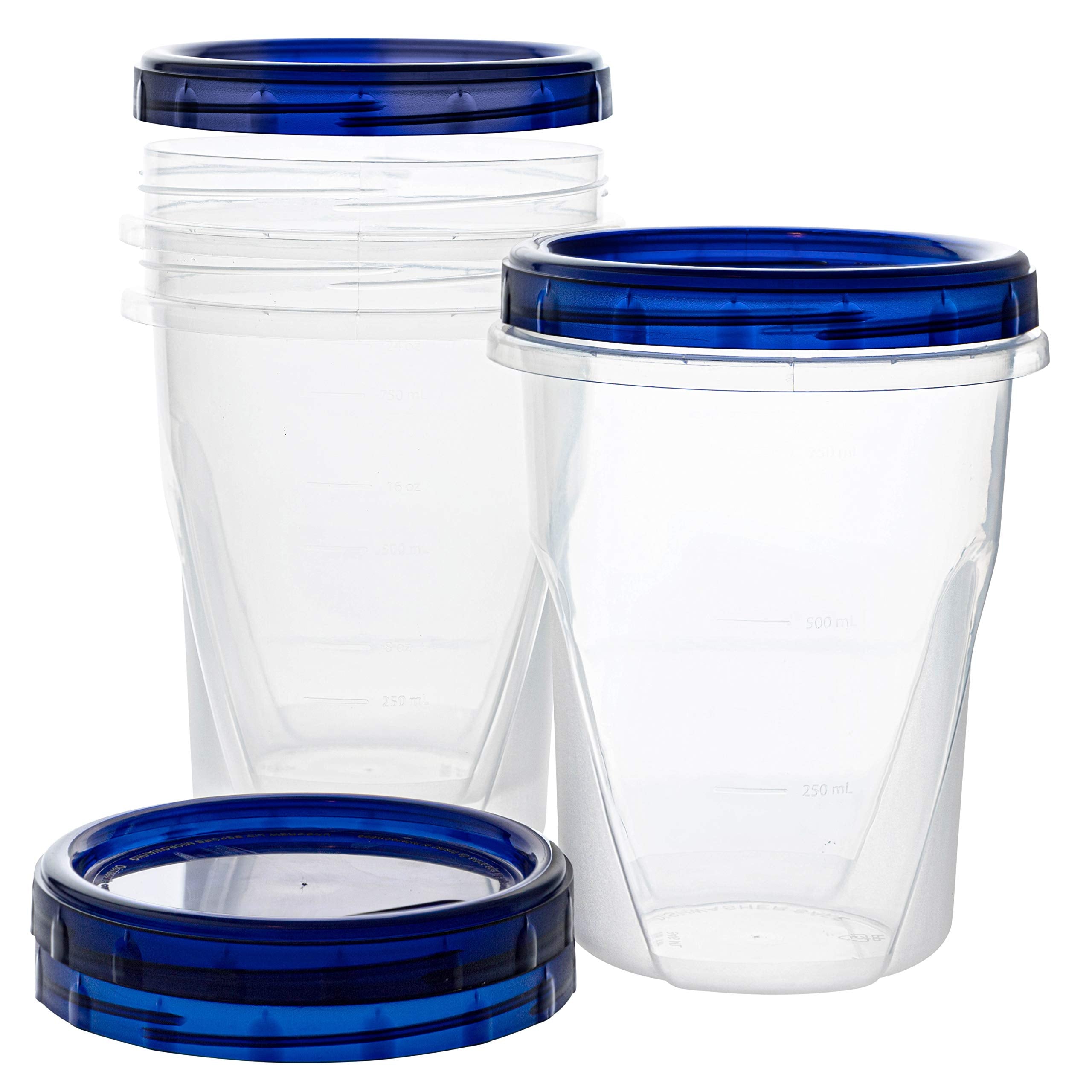 Plasticpro [32 Oz 3 Pack] Twist Top Deli Containers Clear Bottom With Blue Top Twist On Lids Reusable, Stackable, Food Storage F