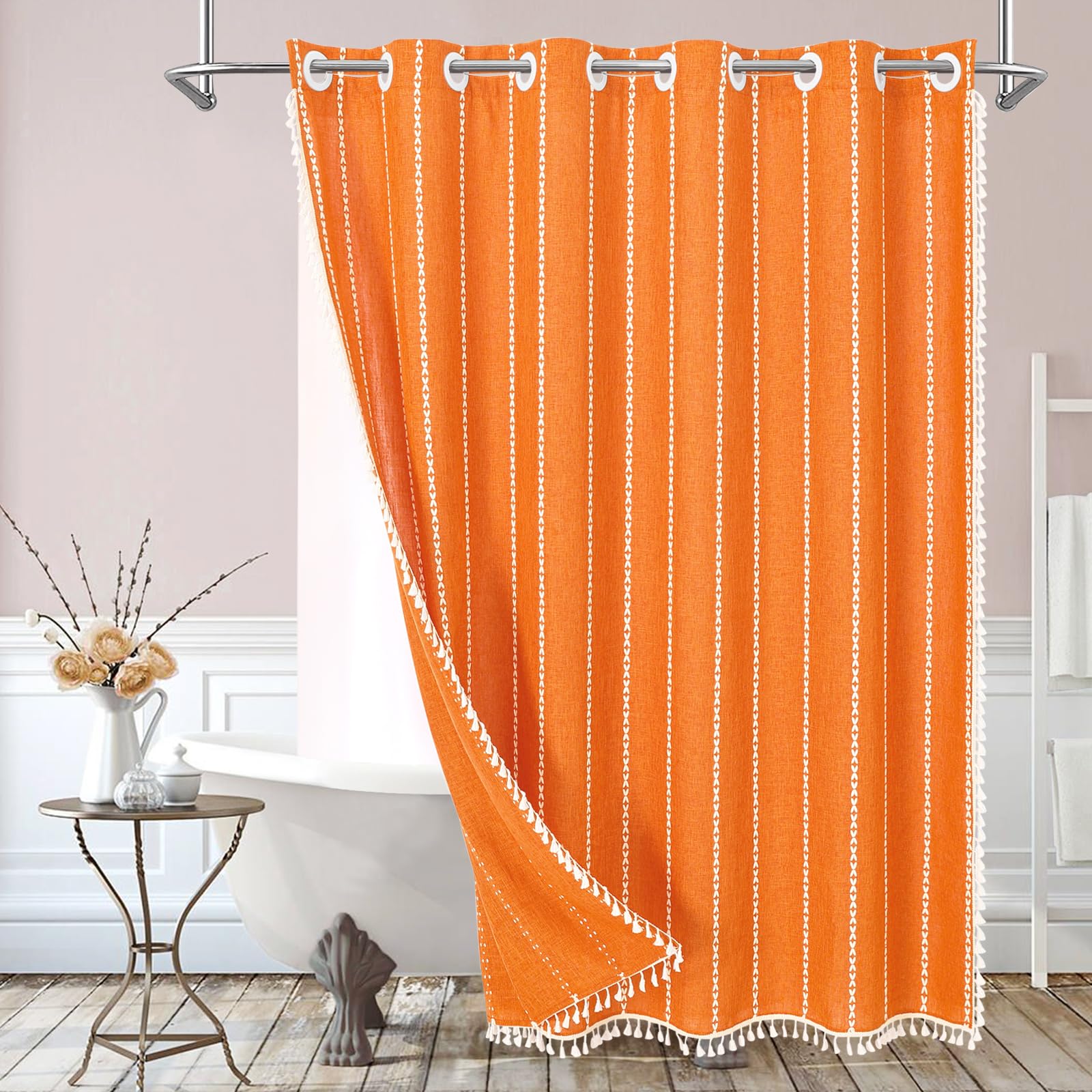 Mitovilla No Hooks Required Orange Boho Shower Curtain With Snap-In Liner, Farmhouse Cotton Linen Fabric Shower Curtains With Ta