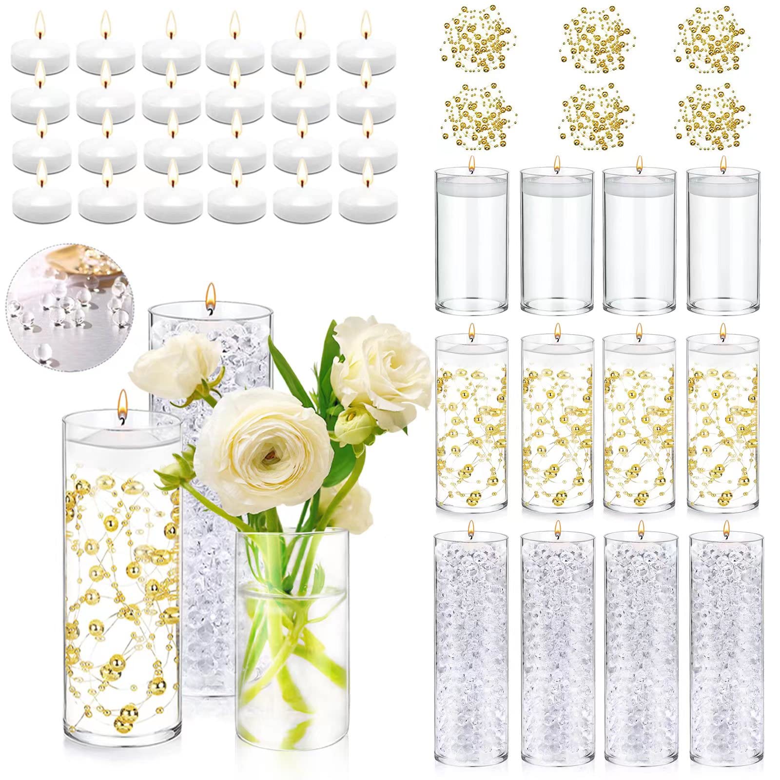 UDU 12 Set Glass Cylinder Vases for Centerpieces with 80000 Clear Water Vase Filler Gel Beads 24 White Floating Candles 6 Pearl 