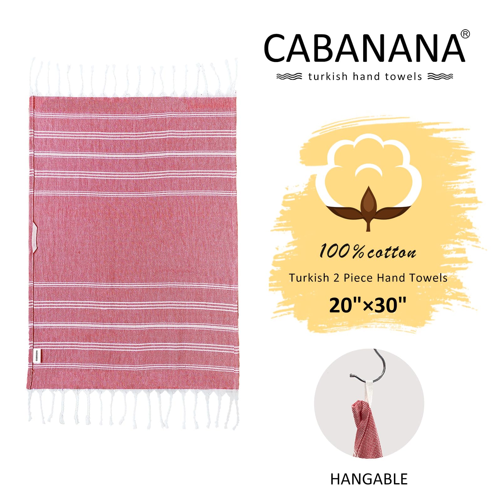 Cabanana Cotton Turkish Hand Towel - Set Of 2 | Boho Kitchen Tea Towels, 30 X 20 Inches Thin Decorative Bathroom Towel (Red)