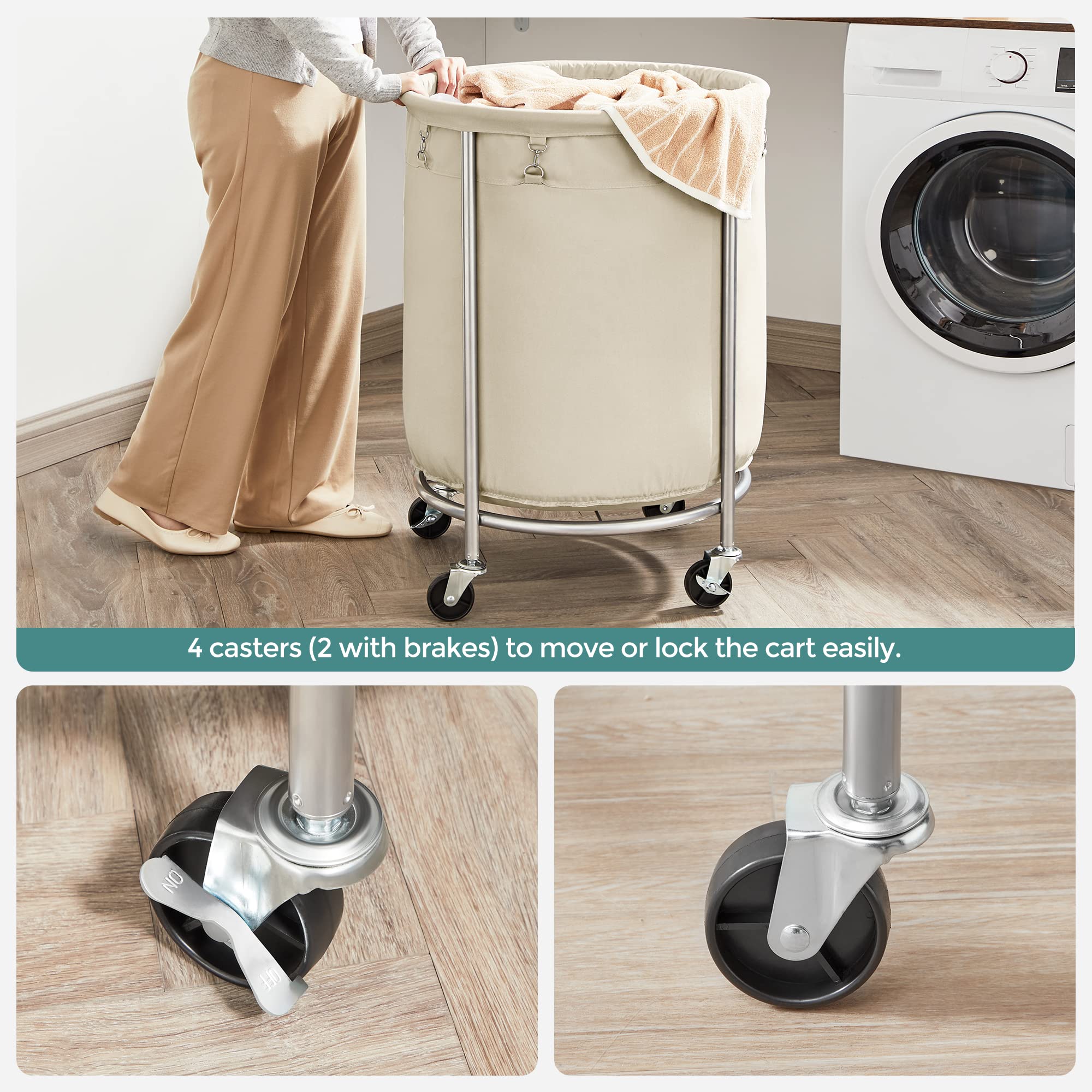 Songmics Laundry Basket With Wheels, Rolling Laundry Hamper, 45 Gal., Round Laundry Cart With Steel Frame And Removable Bag, 4 C