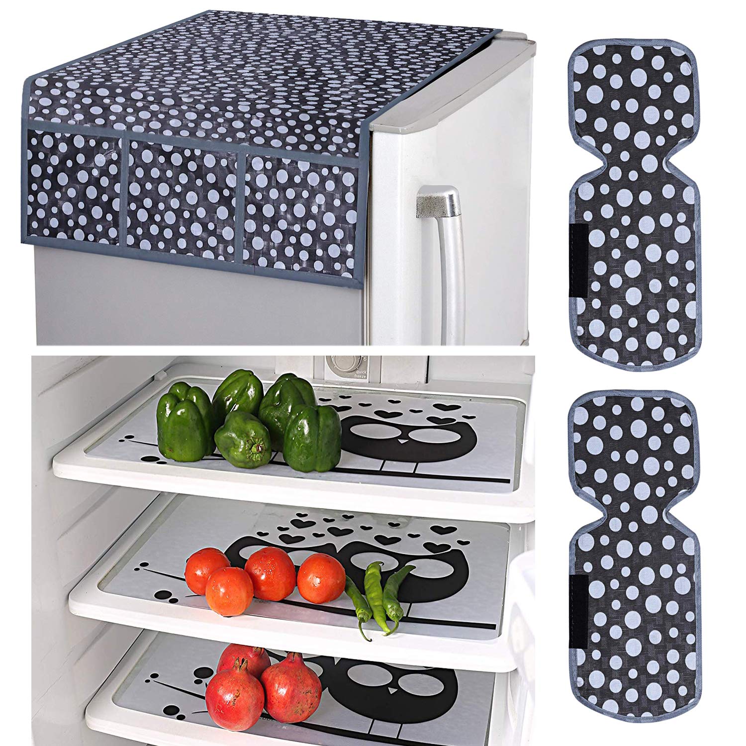 Kuber Industries Dots Design Combo Pvc 3 Pieces Fridge Mats, 2 Piece Handle Cover And 1 Piece Fridge Top Cover(Grey)