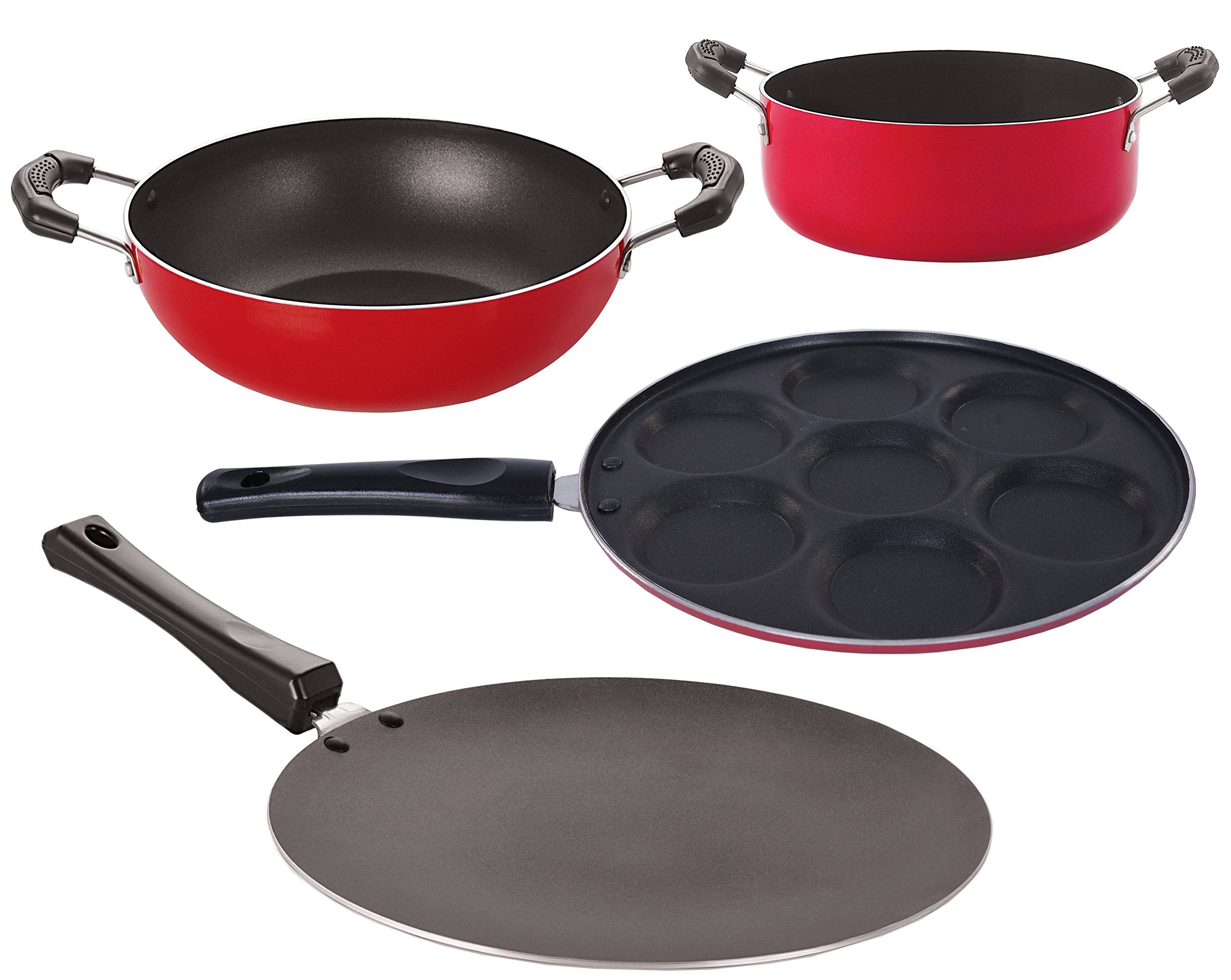 Nirlon NonStick Aluminum Cookware Set, 4Piece, Red And Black (2.6Mm_Ct_Kd12_Up_Cass20)