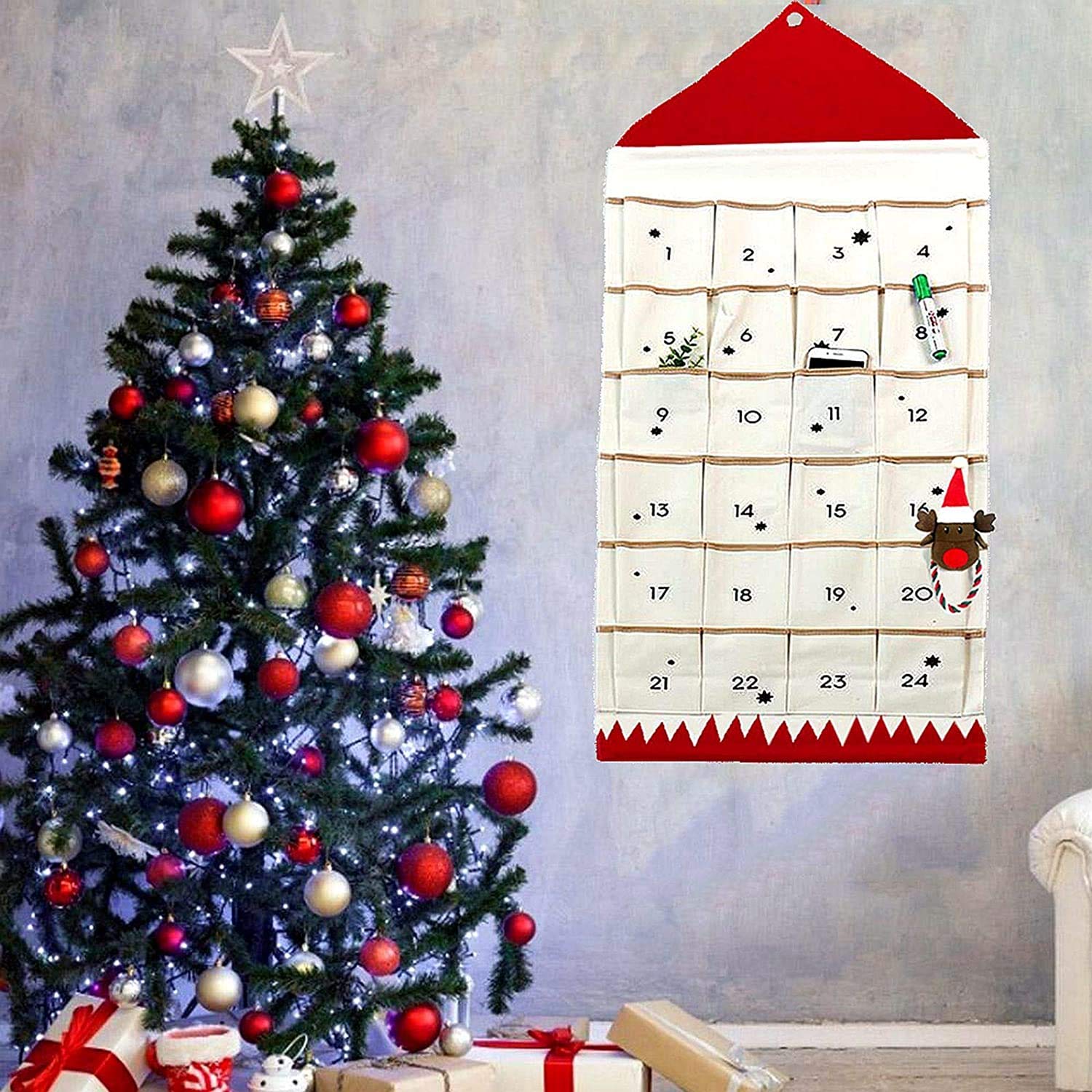 Christmas Advent Calendar with Pockets Wall Hanging Bag for Home Xmas Countdown Decoration (Red)