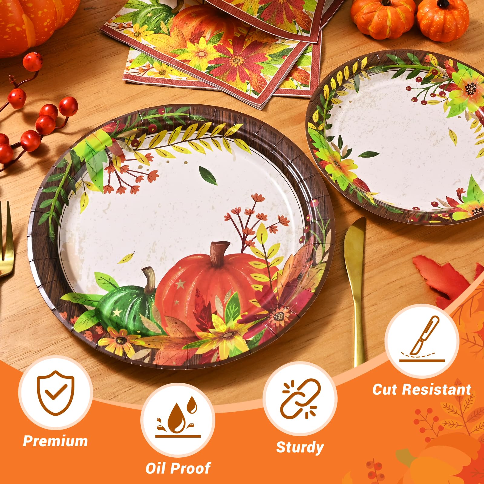 Homlouue 200 Pcs Fall Paper Plates and Napkins, Thanksgiving Plates and Napkins Sets, Fall Pumpkins Plate Disposable Party Suppl