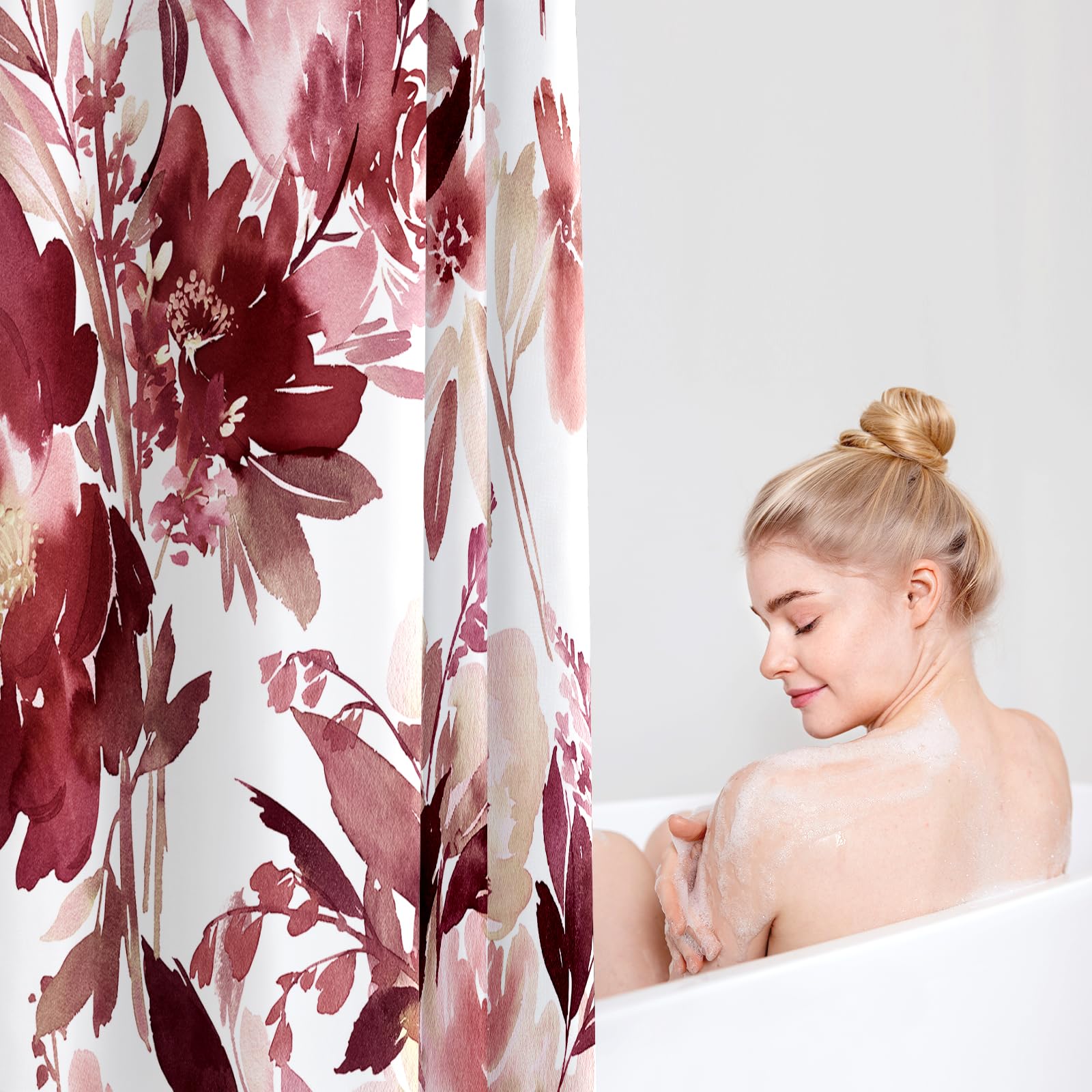 Mayzus Small Stall Shower Curtain 36 X 72 Inch, Half Narrow Watercolor Floral Fabric Shower Curtain, Modern Abstract Burgundy Re