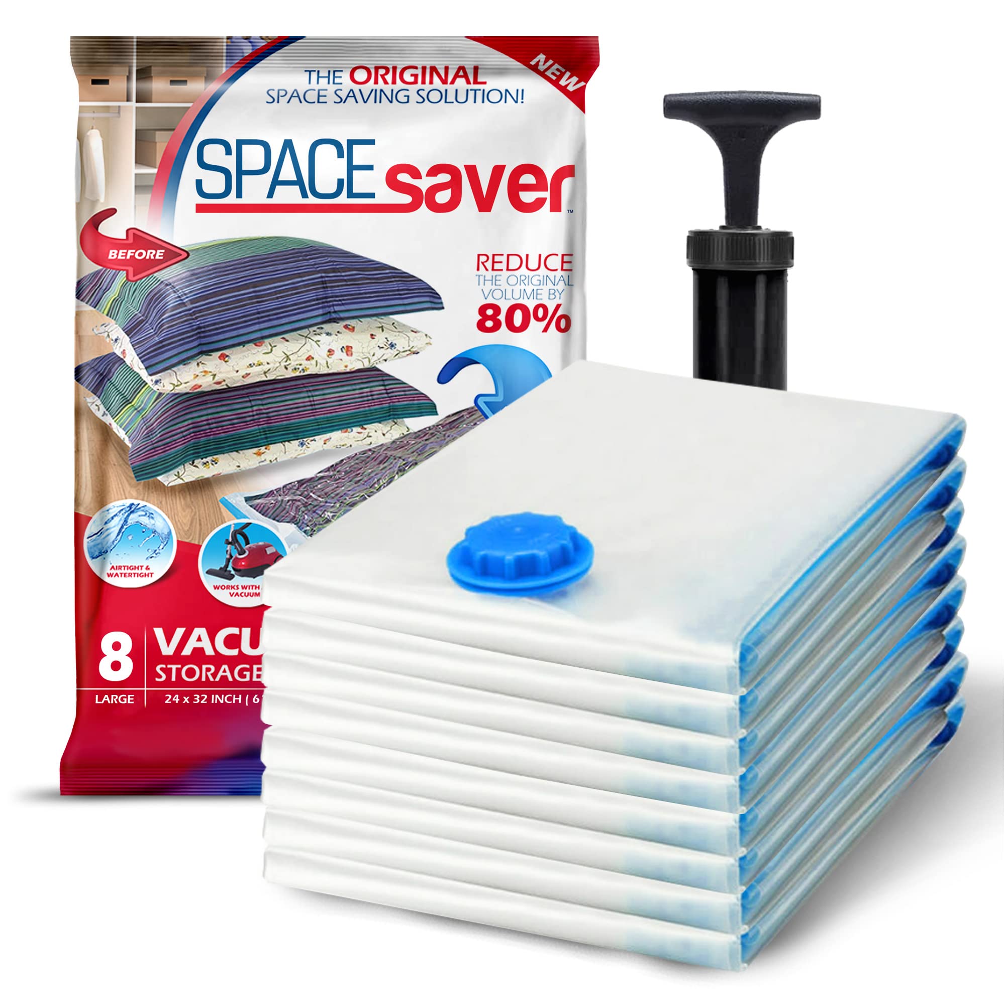 8 Pack Large Vacuum Storage Bags for Comforters, Blankets & Clothes - Vacuum Sealed Compression Bags with Hand Pump - Space Save