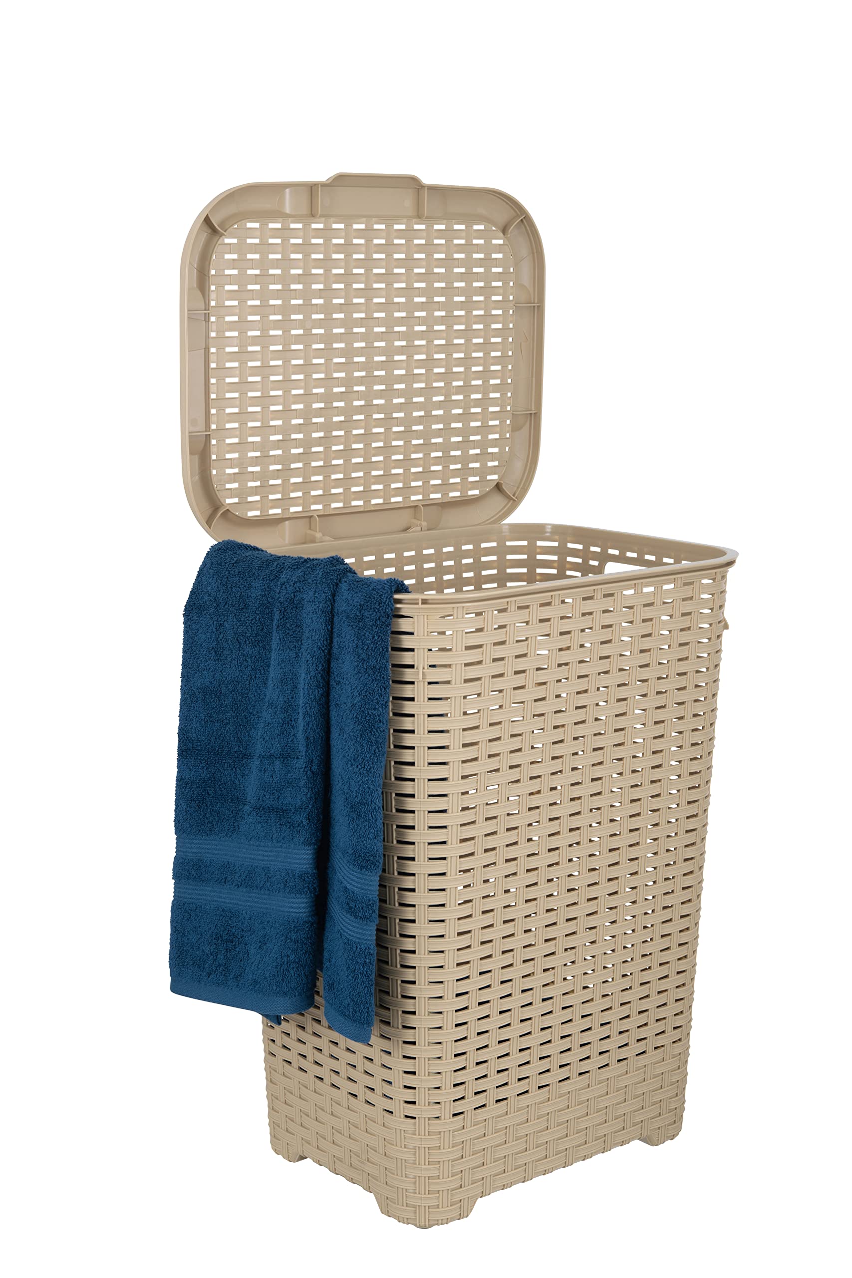 Superio Laundry Hamper Basket With Easy Open Lid 60 Liter Beige, Large Wicker Hamper, Dirty Cloths Storage With Two Cutout Handl